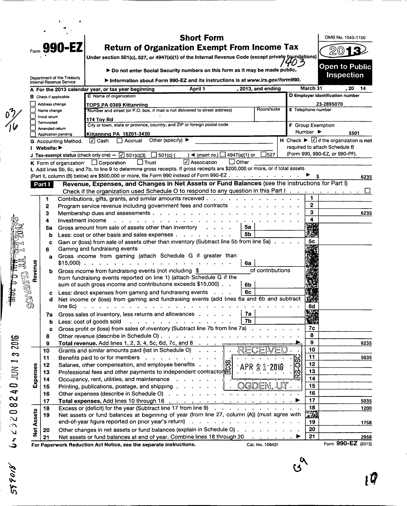 Image of first page of 2013 Form 990EZ for Tops Club - 0369 Tops Pa Kittanning