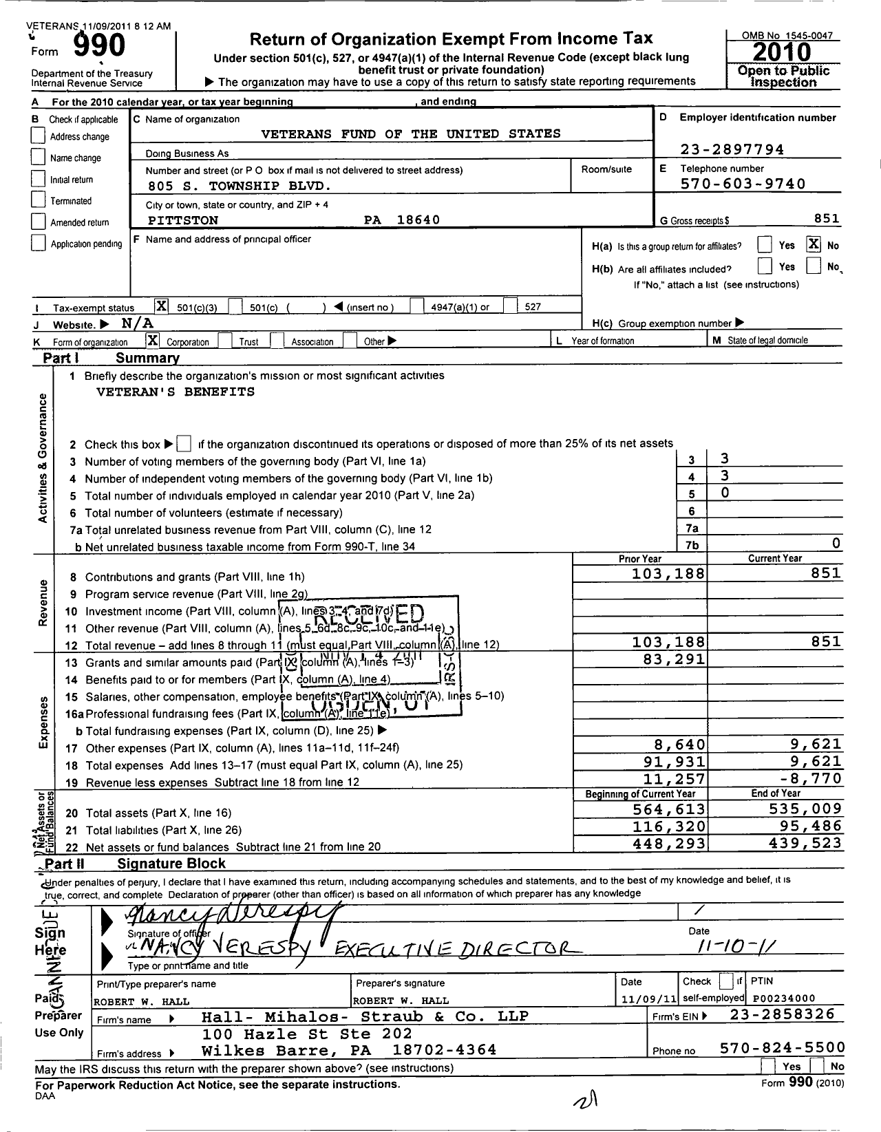 Image of first page of 2010 Form 990 for Veterans Fund of the United States