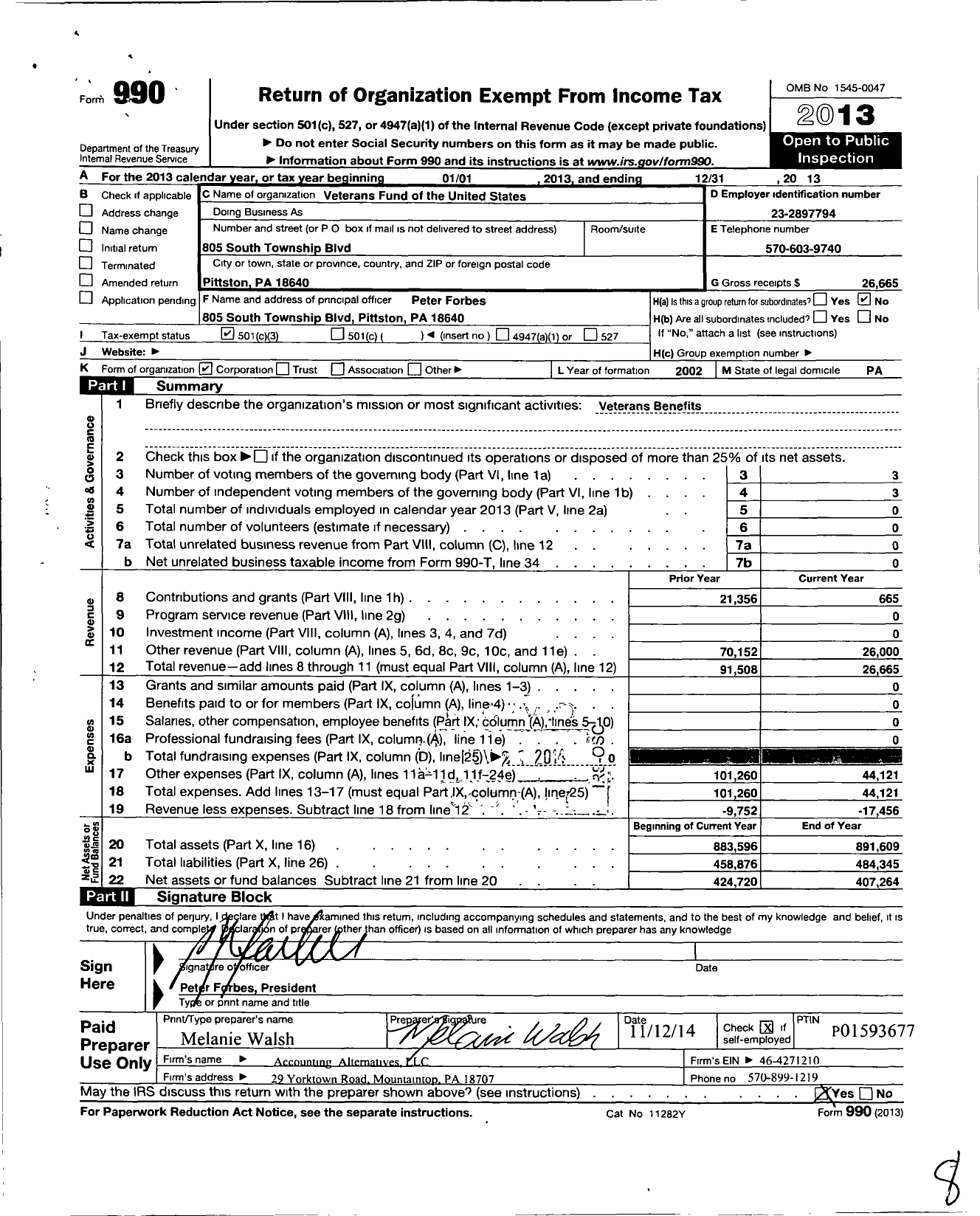 Image of first page of 2013 Form 990 for Veterans Fund of the United States