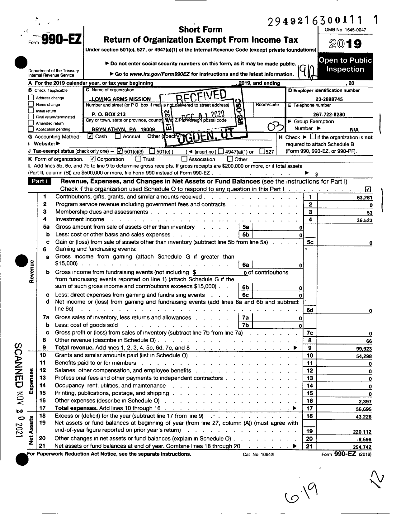 Image of first page of 2019 Form 990EZ for Loving Arms Mission