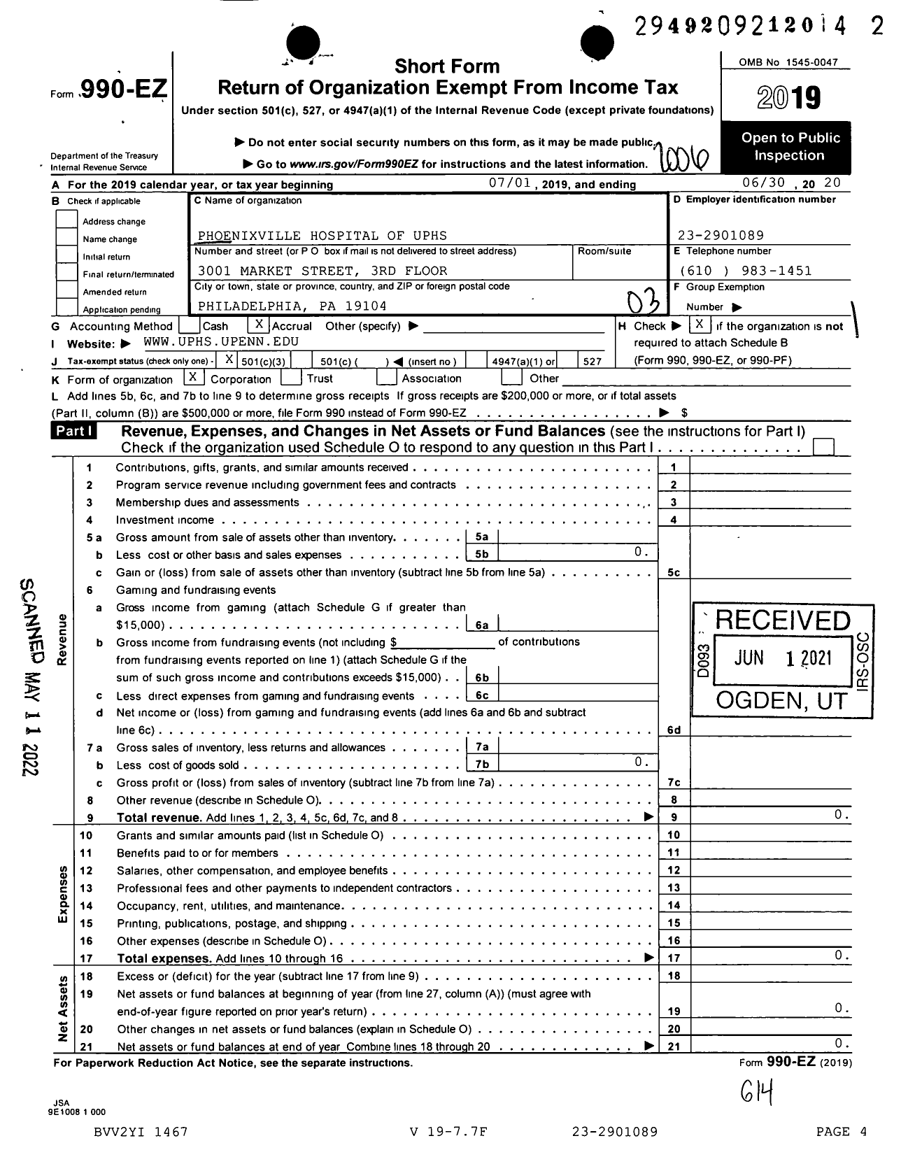 Image of first page of 2019 Form 990EZ for Phoenixville Hospital of Uphs