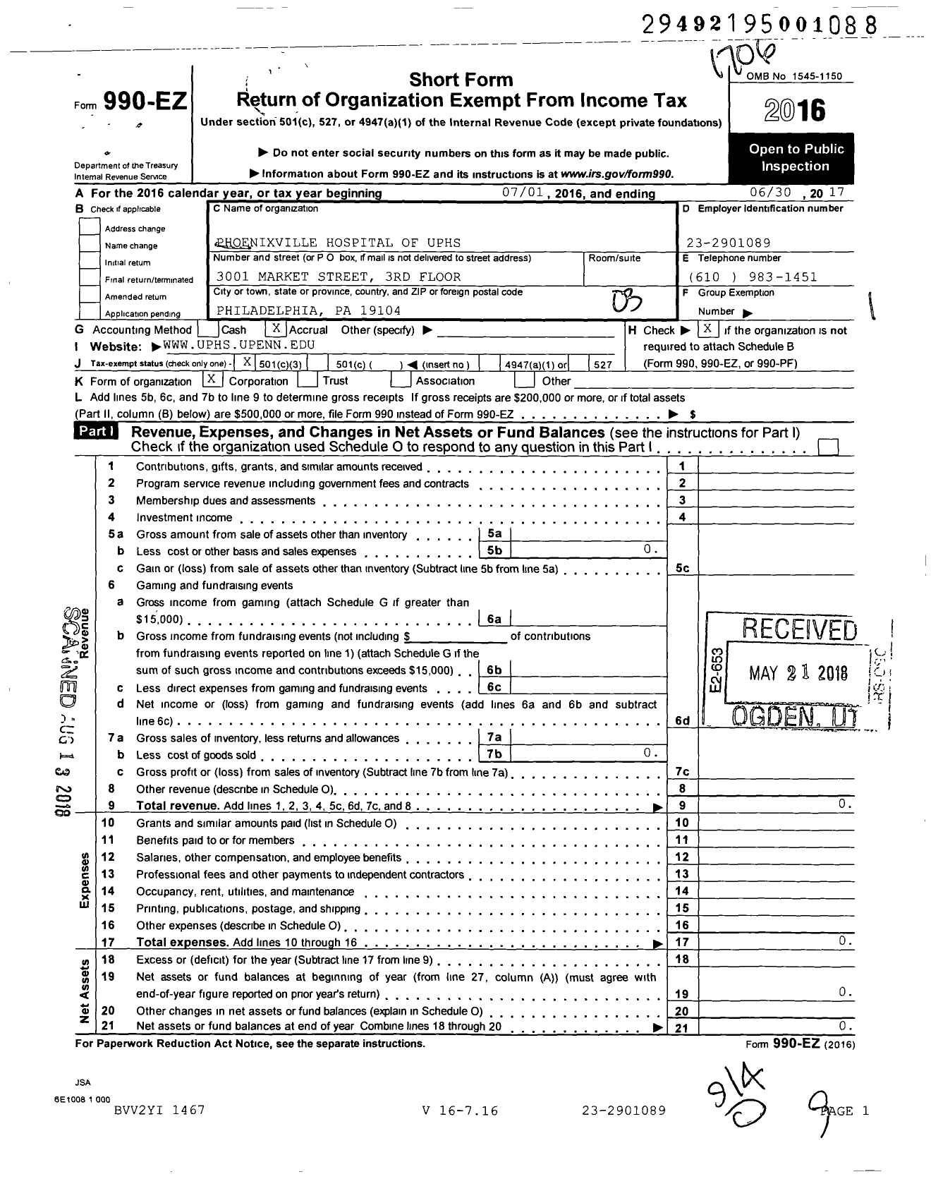 Image of first page of 2016 Form 990EZ for Phoenixville Hospital of Uphs