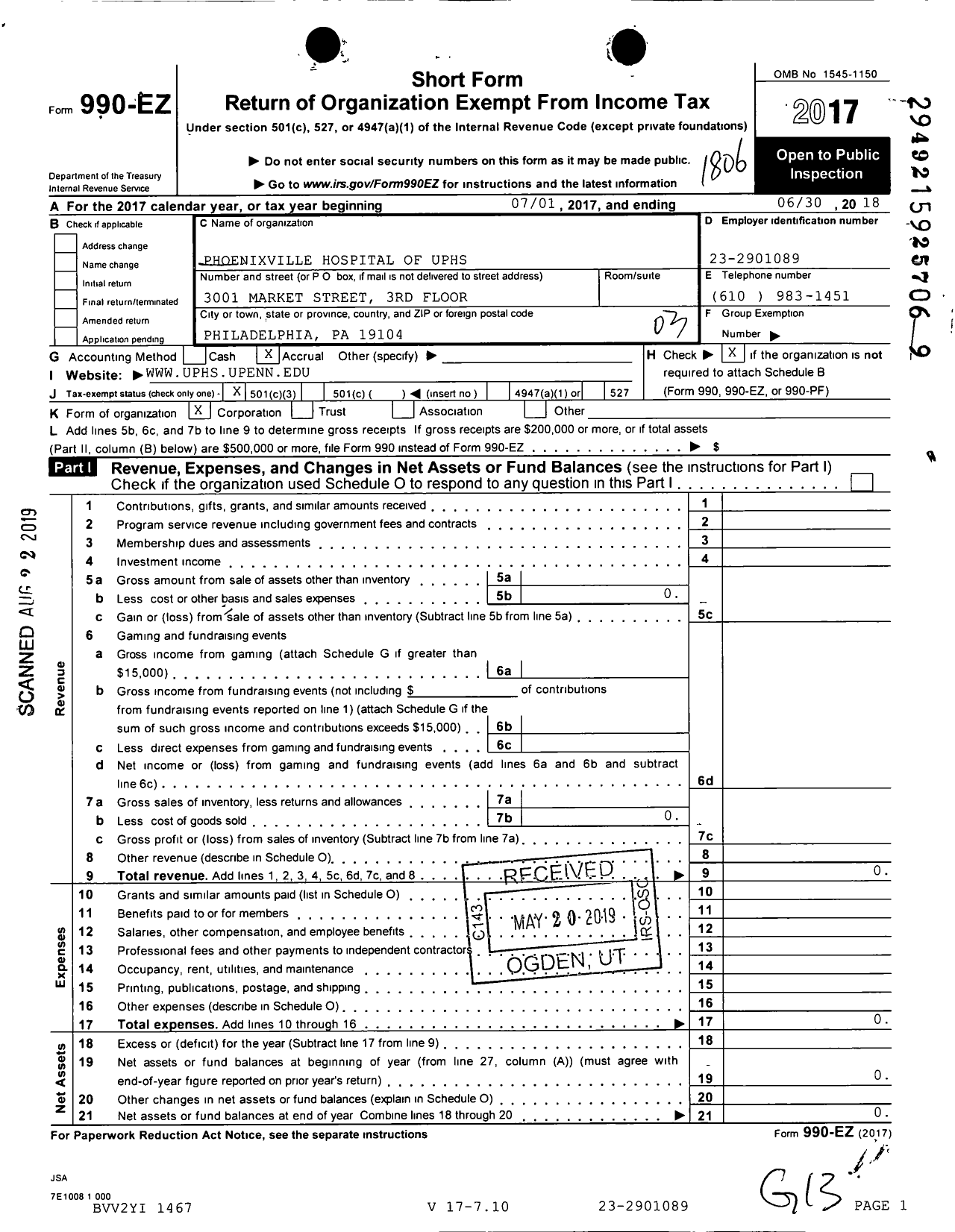 Image of first page of 2017 Form 990EZ for Phoenixville Hospital of Uphs