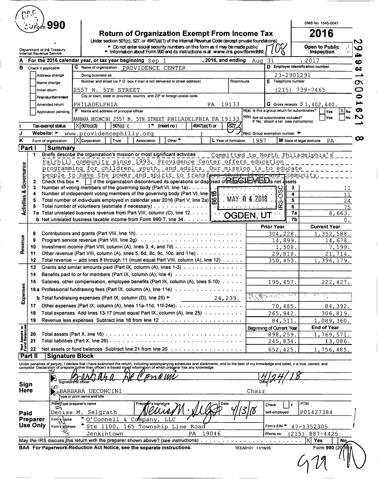 Image of first page of 2016 Form 990 for Providence Center