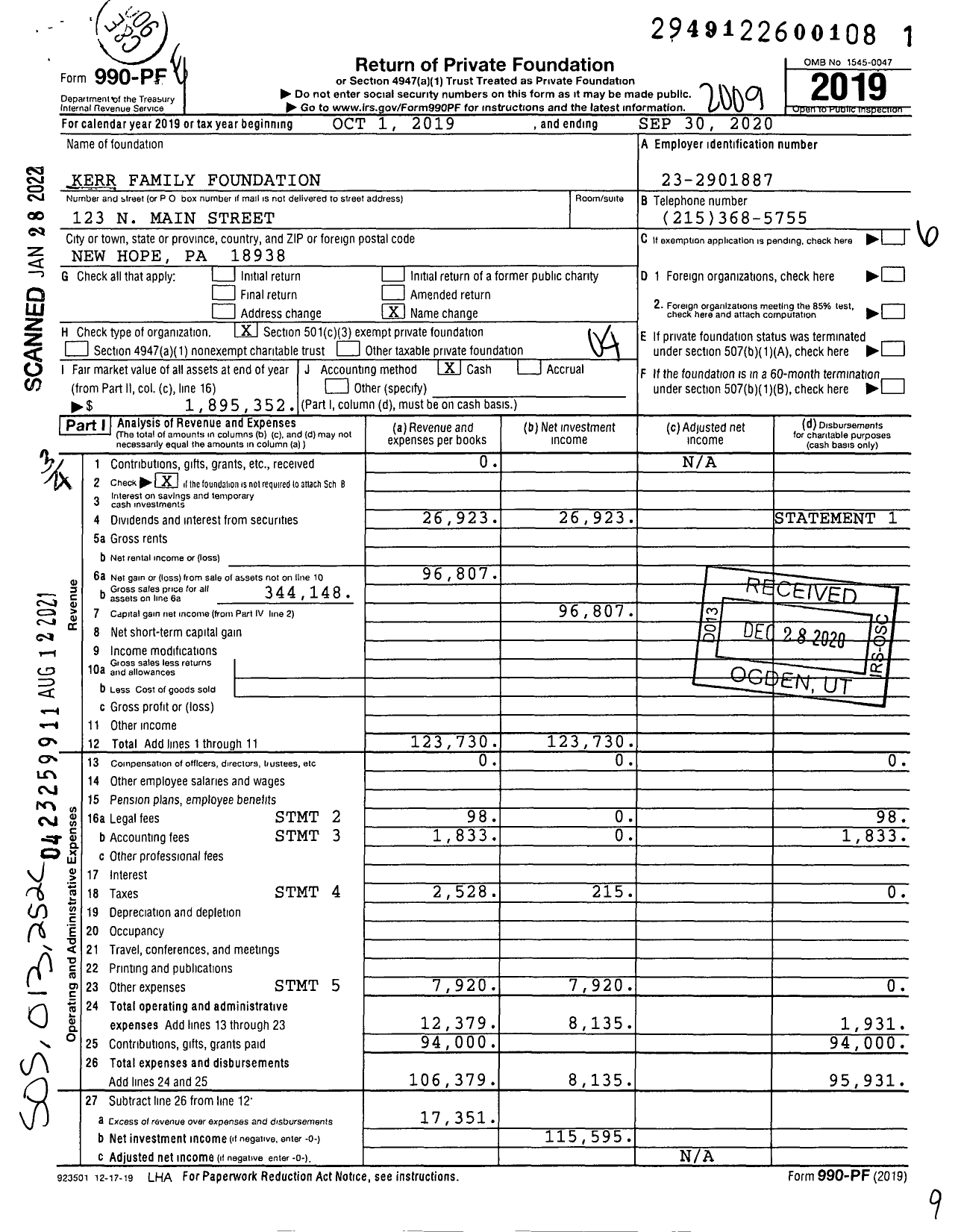 Image of first page of 2019 Form 990PF for Kerr Family Foundation