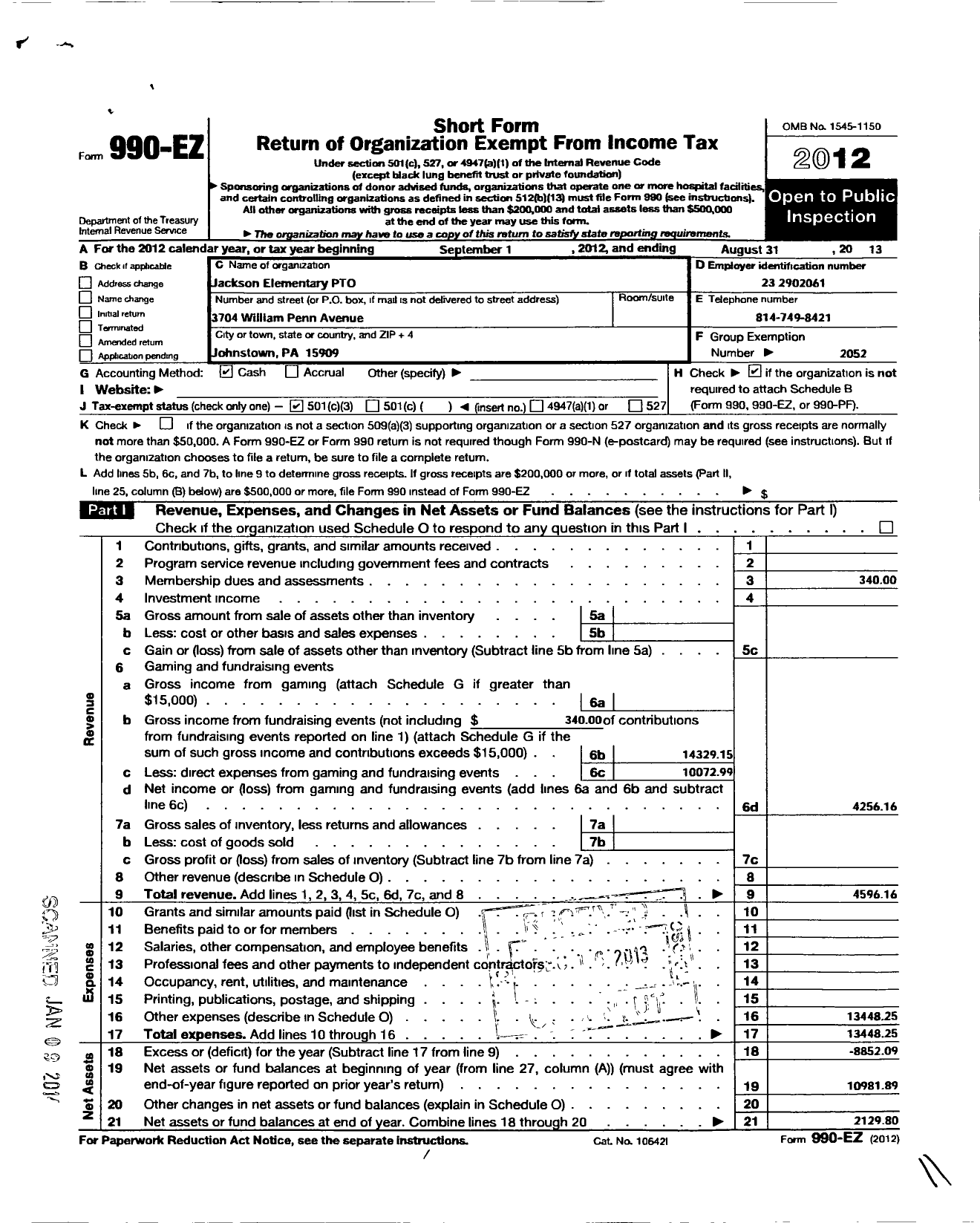 Image of first page of 2012 Form 990EZ for Jackson Elementary Pto