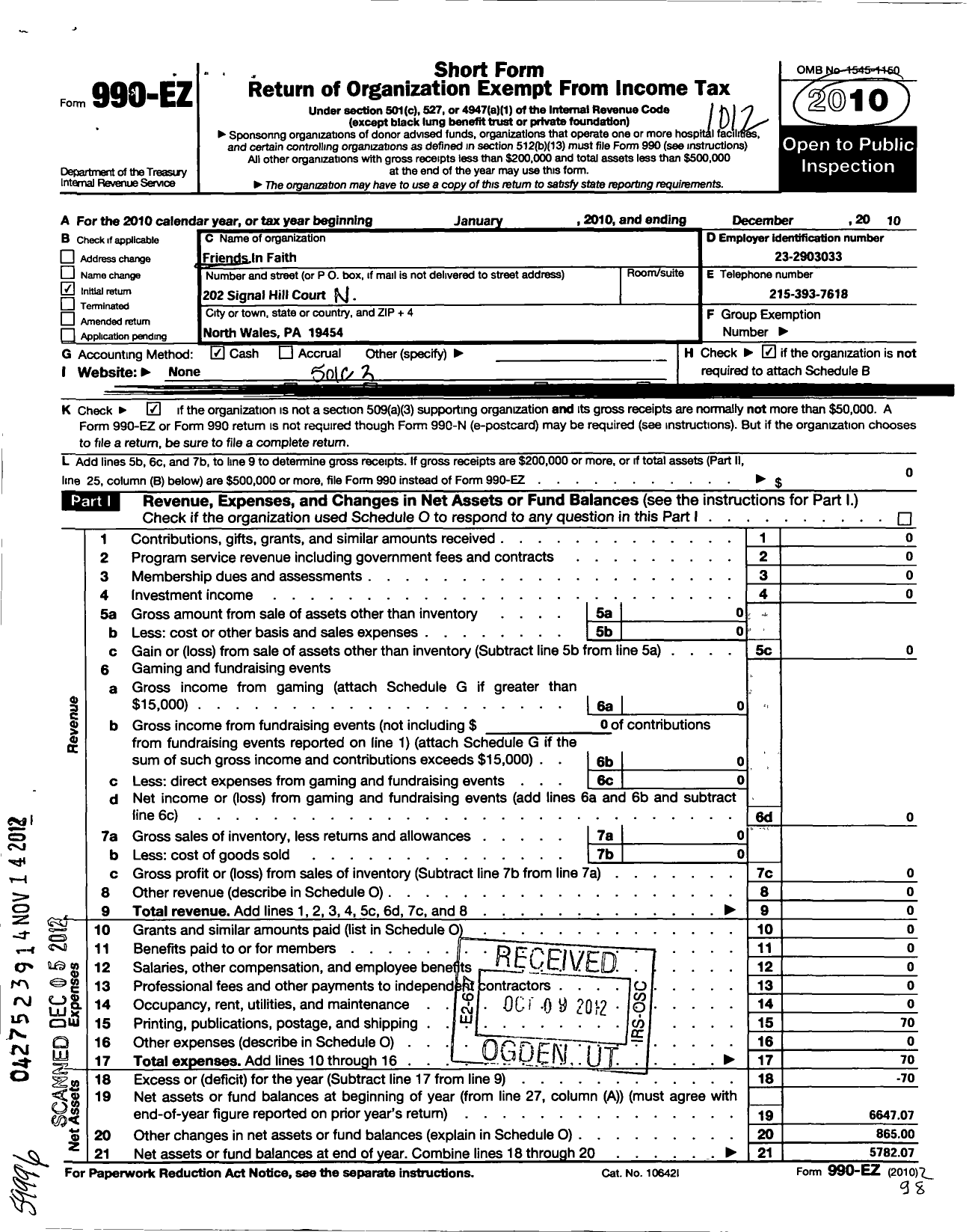 Image of first page of 2010 Form 990EZ for Friends in Faith