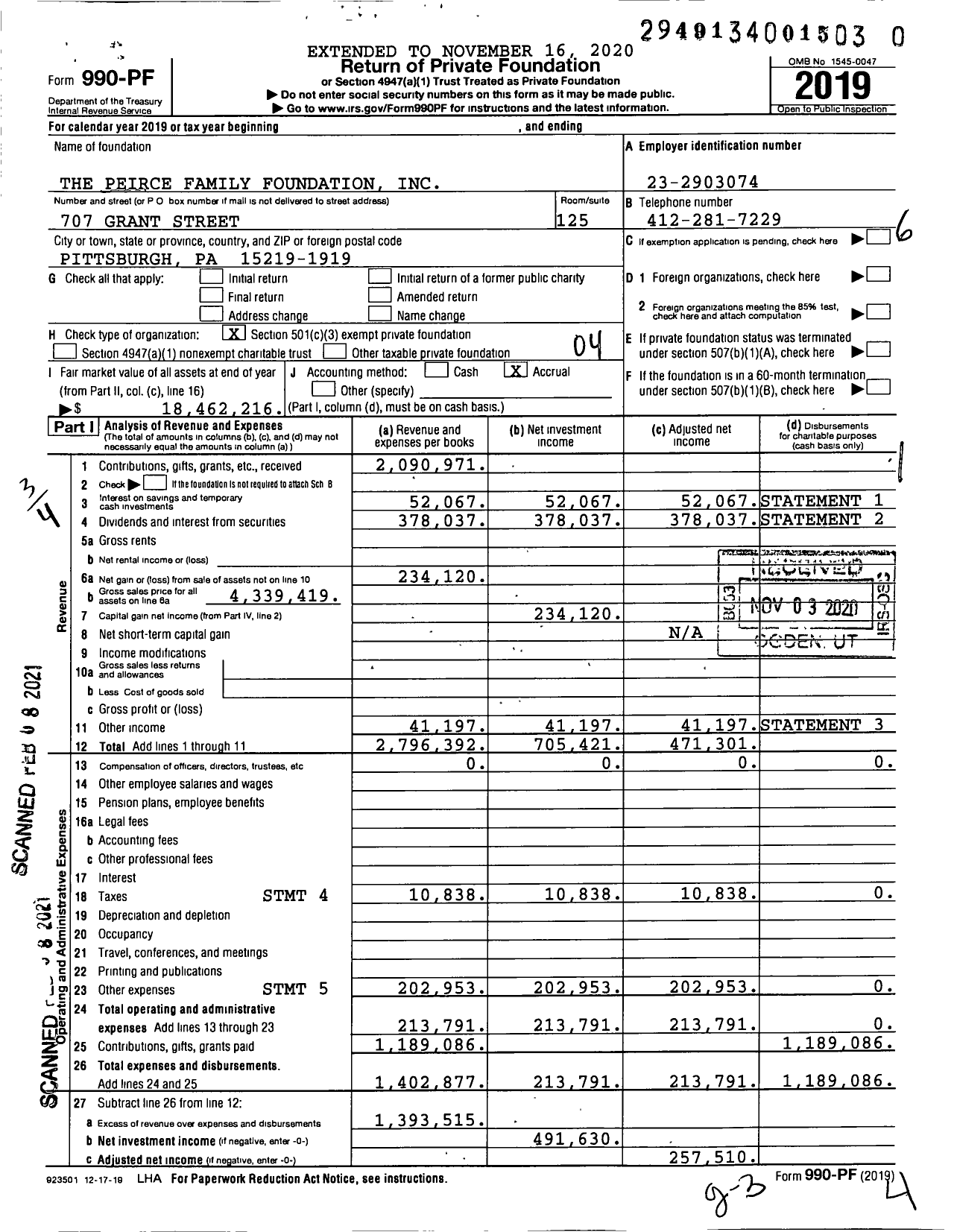 Image of first page of 2019 Form 990PF for Peirce Family Foundation