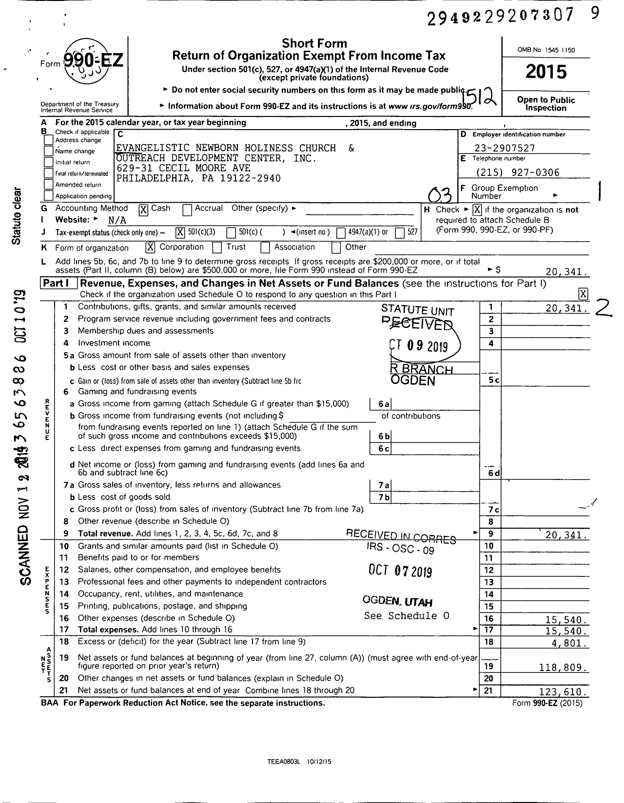 Image of first page of 2015 Form 990EZ for Evangelistic Newborn Holiness Church and Outreach Development Center