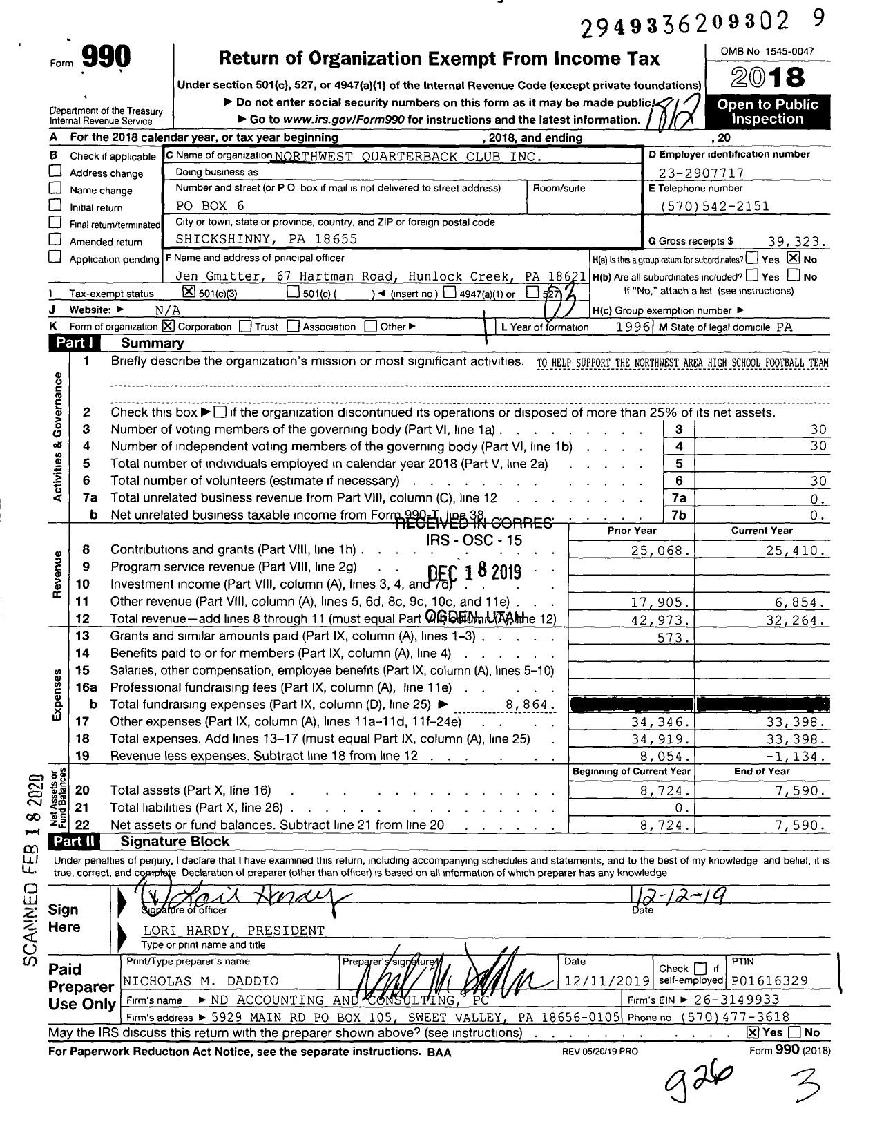 Image of first page of 2018 Form 990 for Northwest Quarterback Club