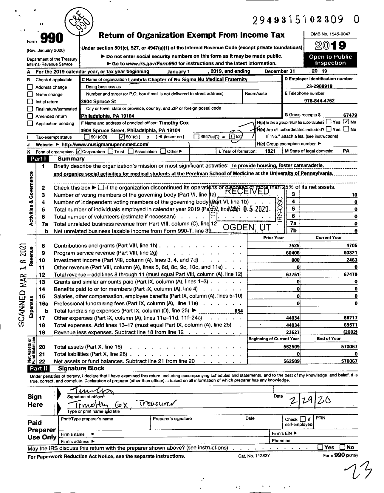 Image of first page of 2019 Form 990O for Lambda Chapter of the Nu Sigma Nu Medical Fraternity