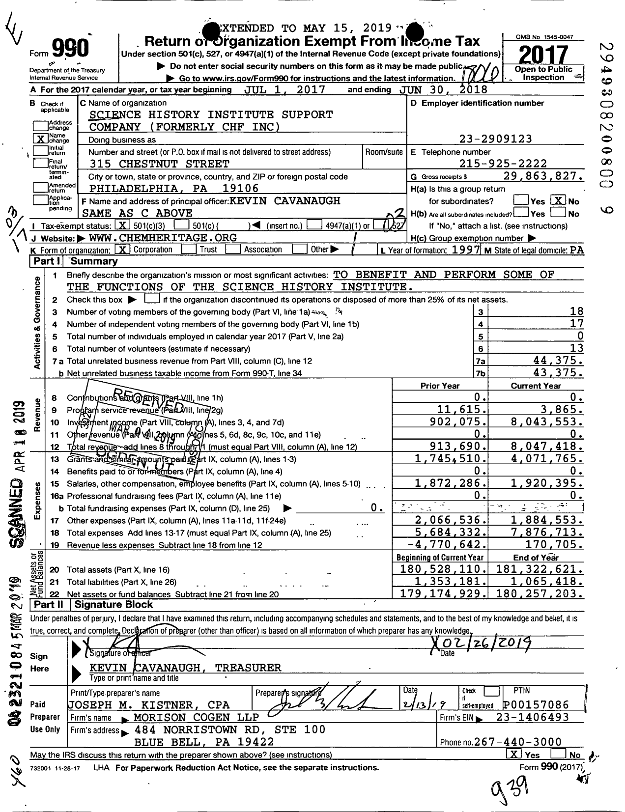 Image of first page of 2017 Form 990 for Science History Institute Support Company (CHF)