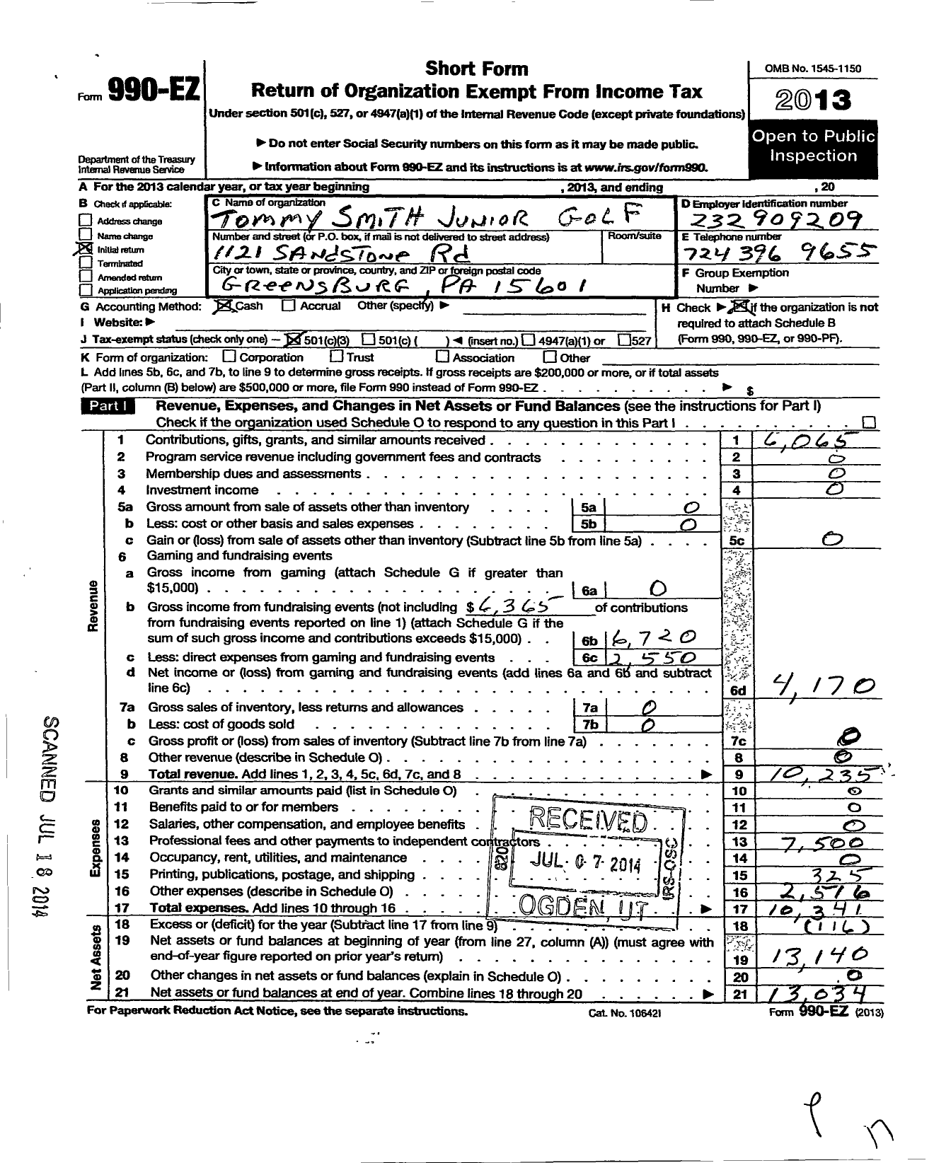 Image of first page of 2013 Form 990EZ for Tommy Smith Junior Golf