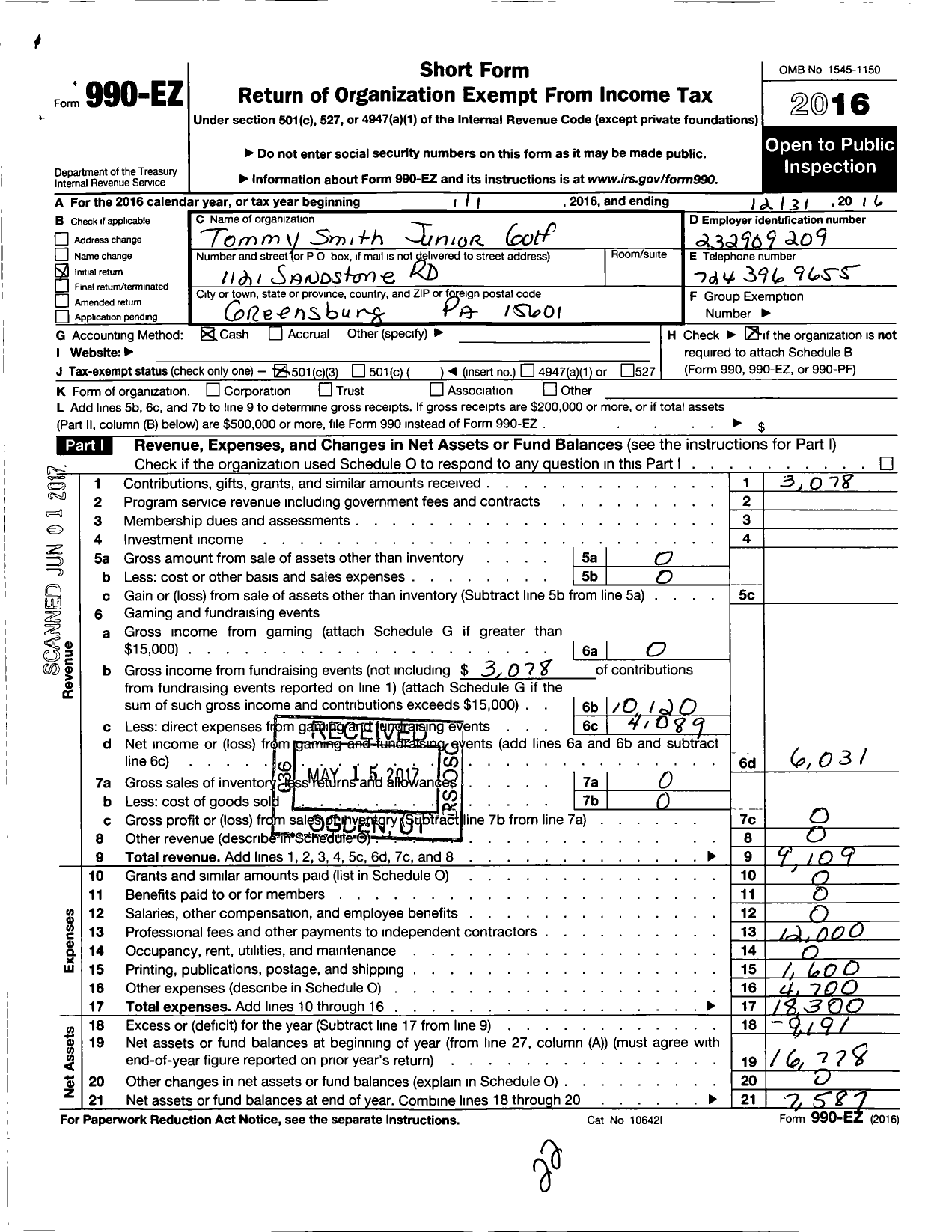 Image of first page of 2016 Form 990EZ for Tommy Smith Junior Golf