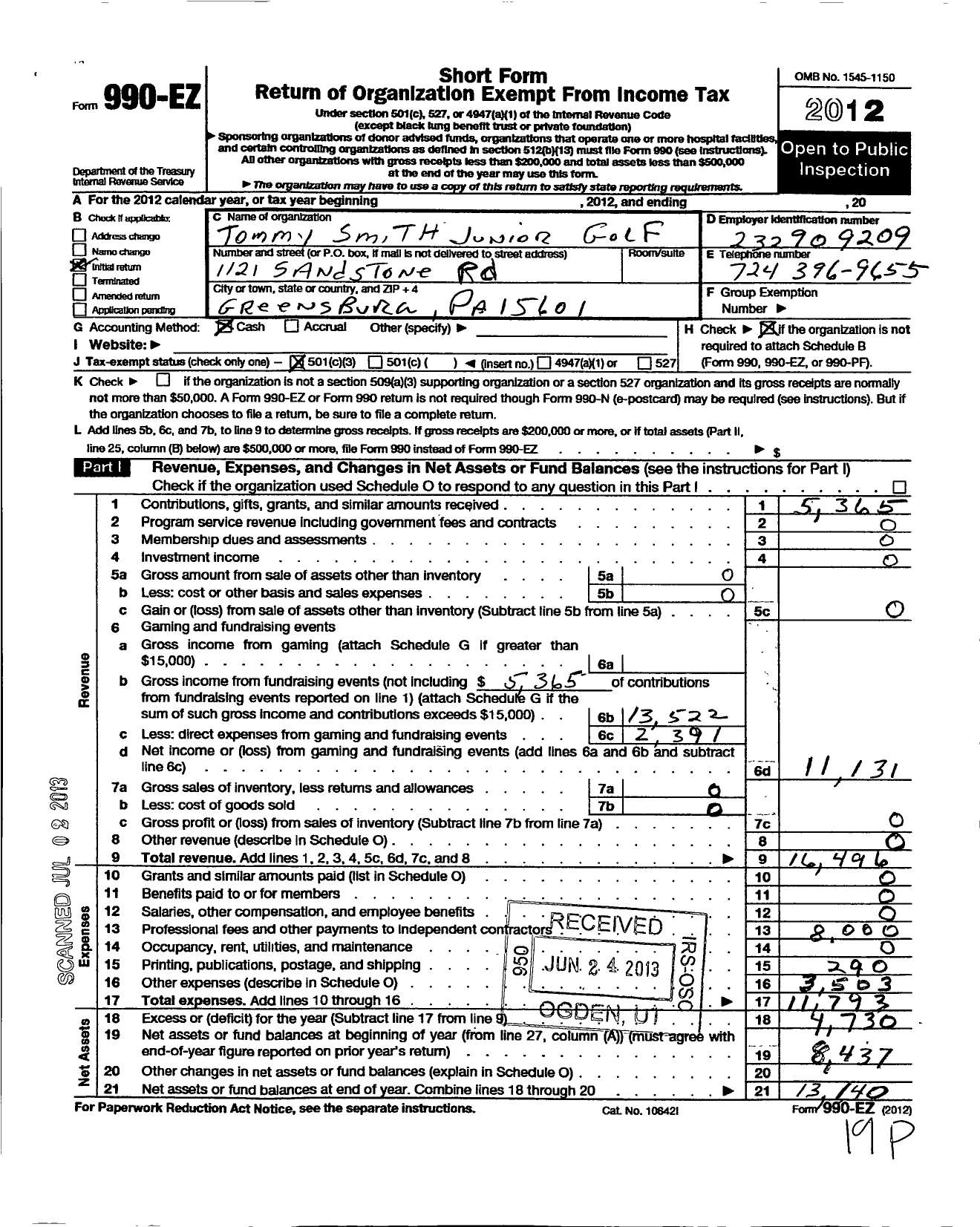 Image of first page of 2012 Form 990EZ for Tommy Smith Junior Golf