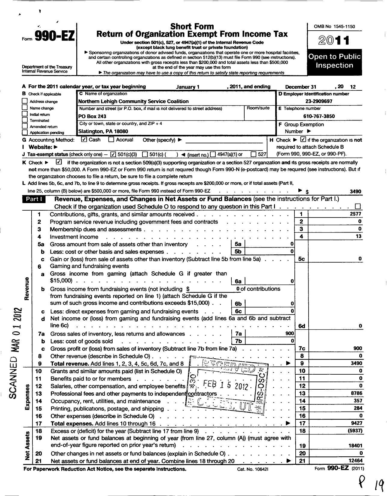 Image of first page of 2011 Form 990EZ for Northern Lehigh Community Service Coalition