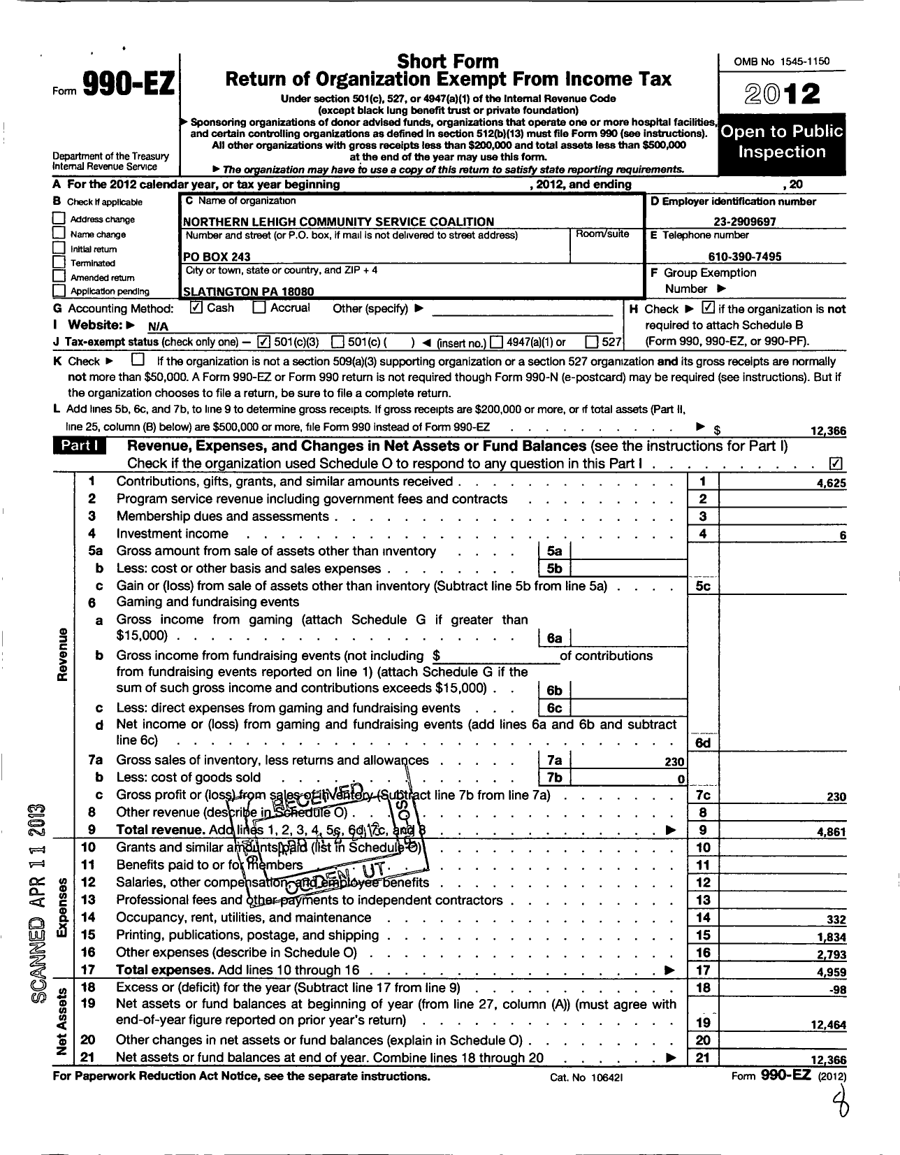 Image of first page of 2012 Form 990EZ for Northern Lehigh Community Service Coalition