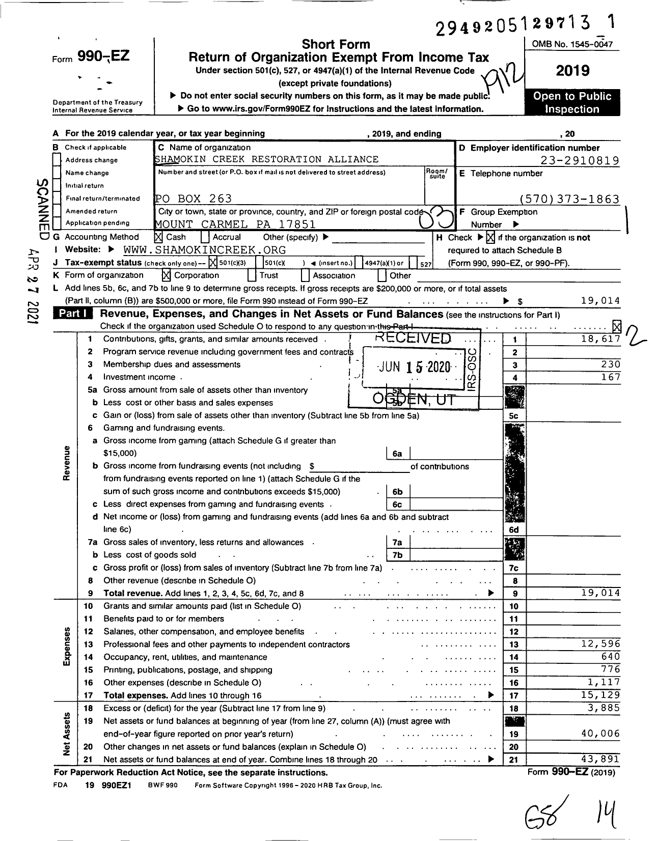 Image of first page of 2019 Form 990EZ for Shamokin Creek Restoration Alliance