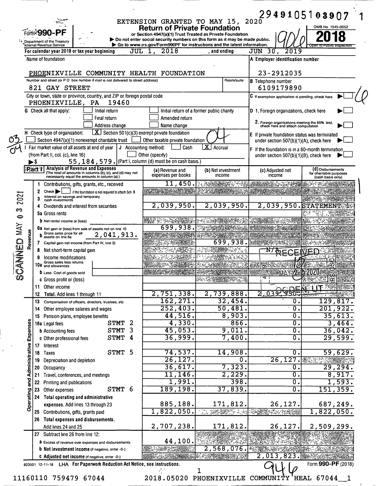 Image of first page of 2018 Form 990PF for Phoenixville Community Health Foundation