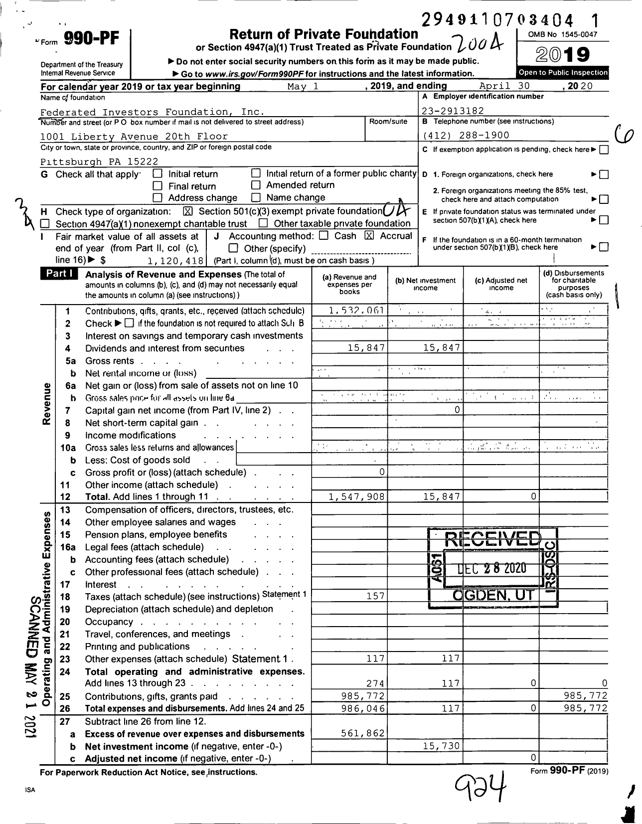 Image of first page of 2019 Form 990PF for Federated Investors Foundation