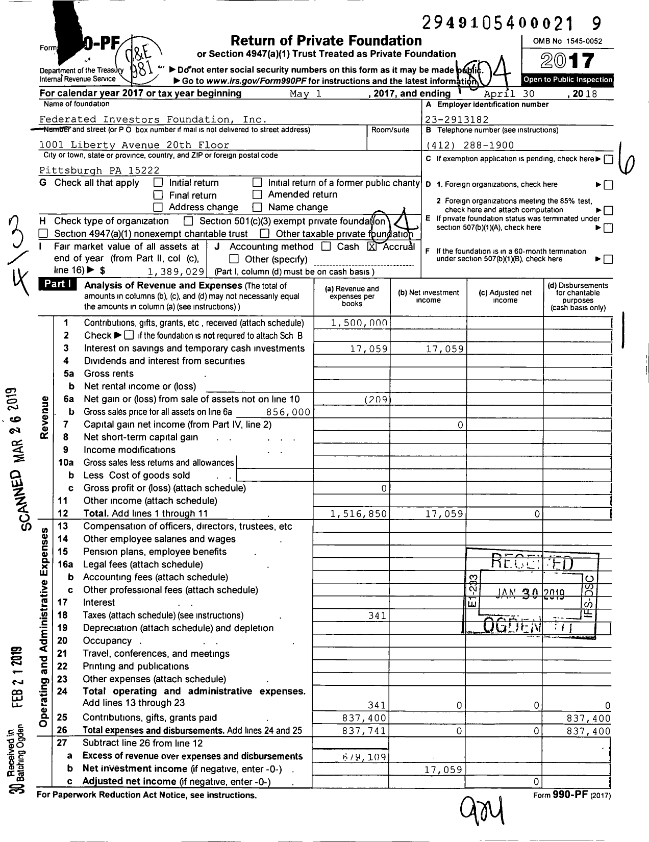 Image of first page of 2017 Form 990PF for Federated Investors Foundation