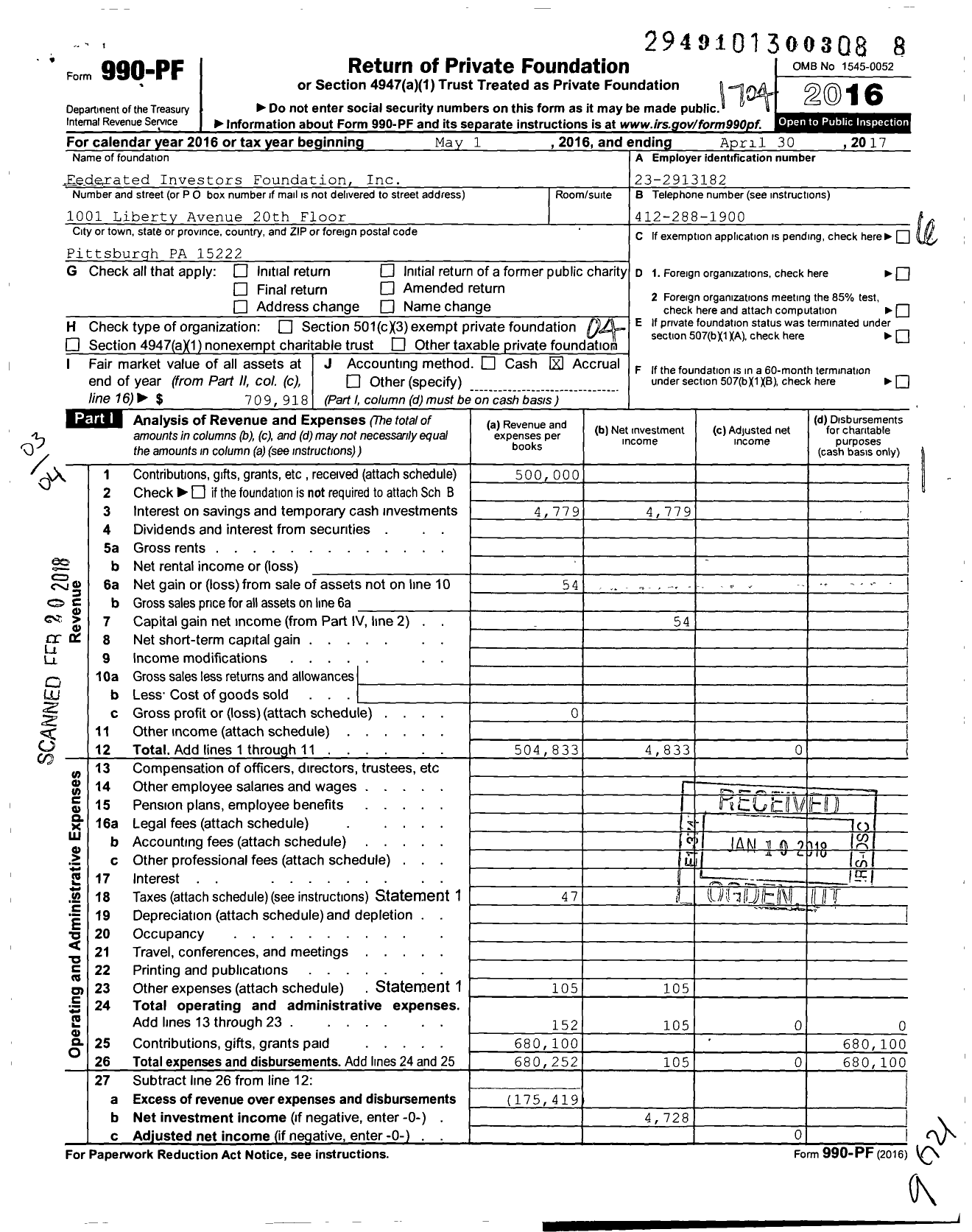 Image of first page of 2016 Form 990PF for Federated Investors Foundation