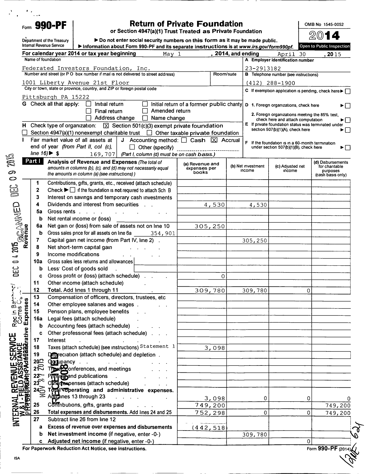 Image of first page of 2014 Form 990PF for Federated Investors Foundation