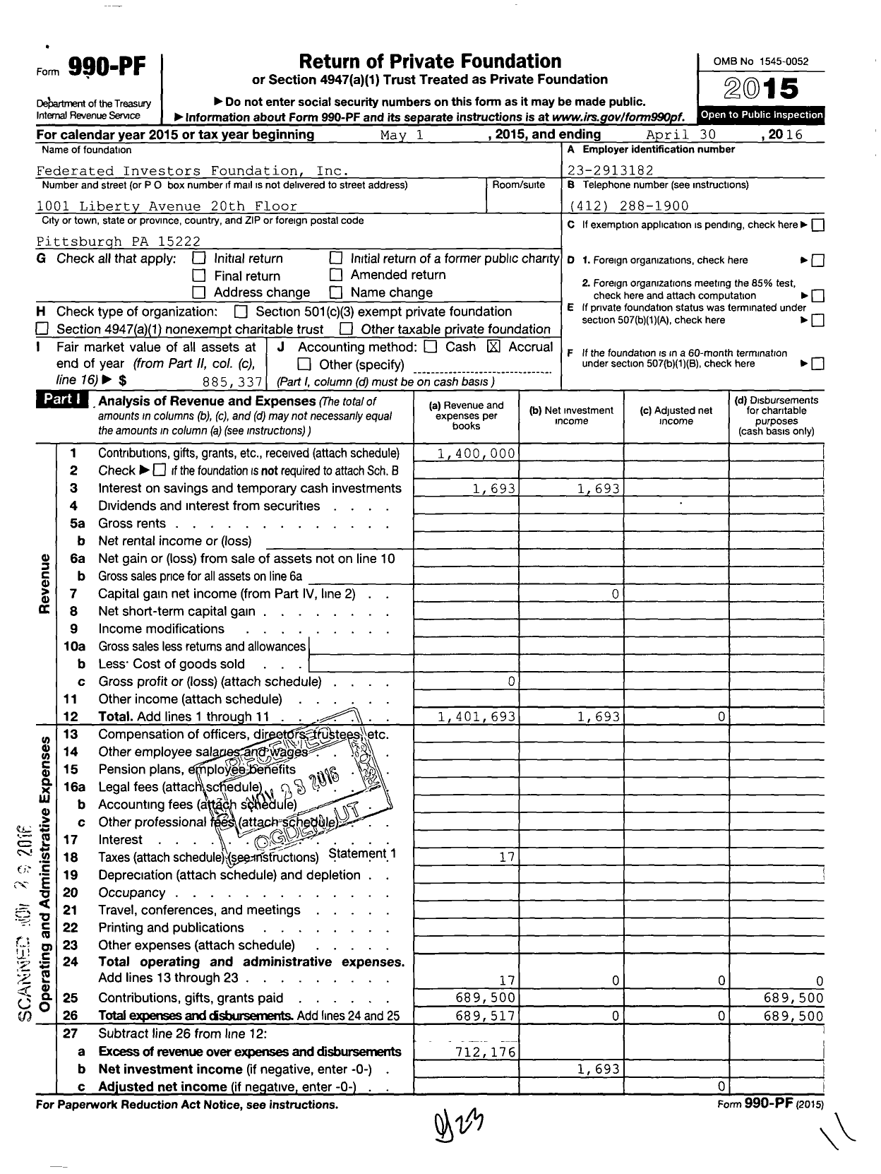 Image of first page of 2015 Form 990PF for Federated Investors Foundation