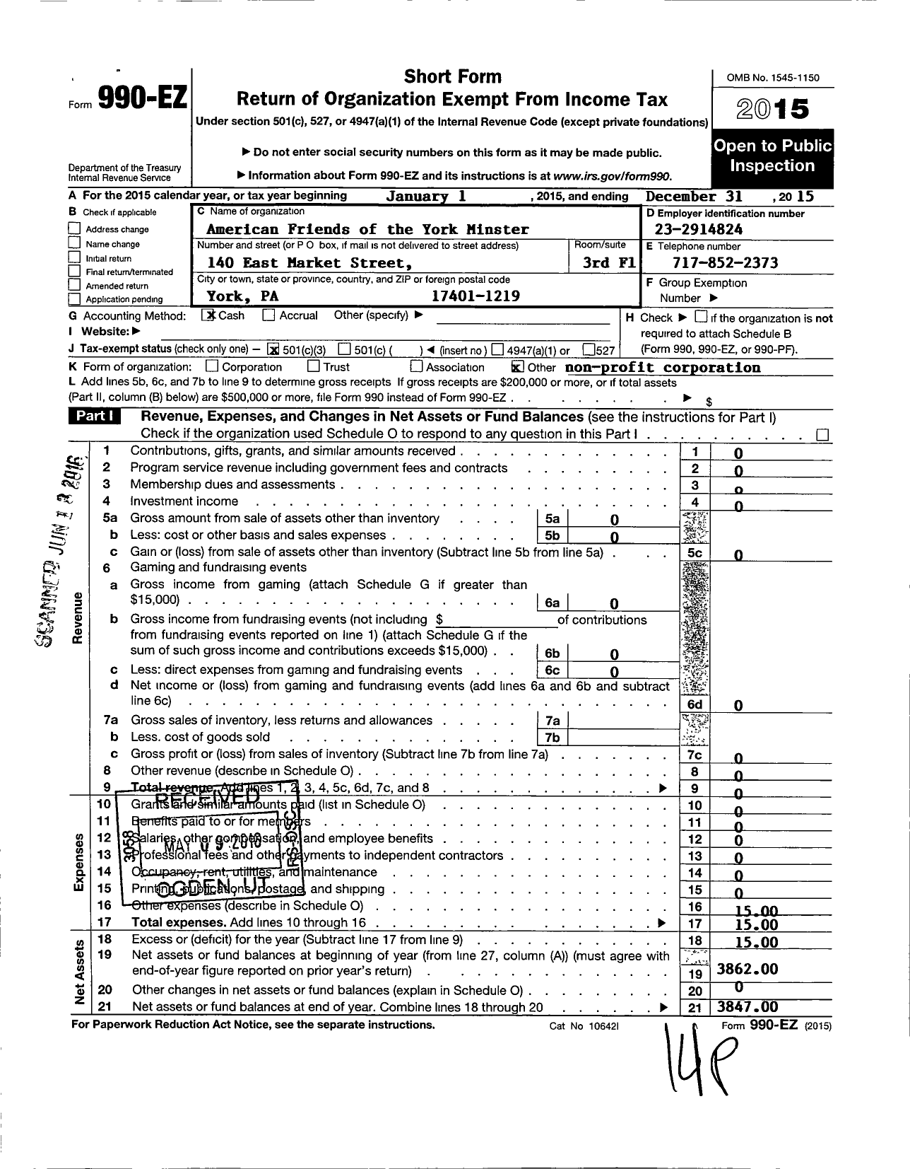 Image of first page of 2015 Form 990EZ for American Friends of the York Minster