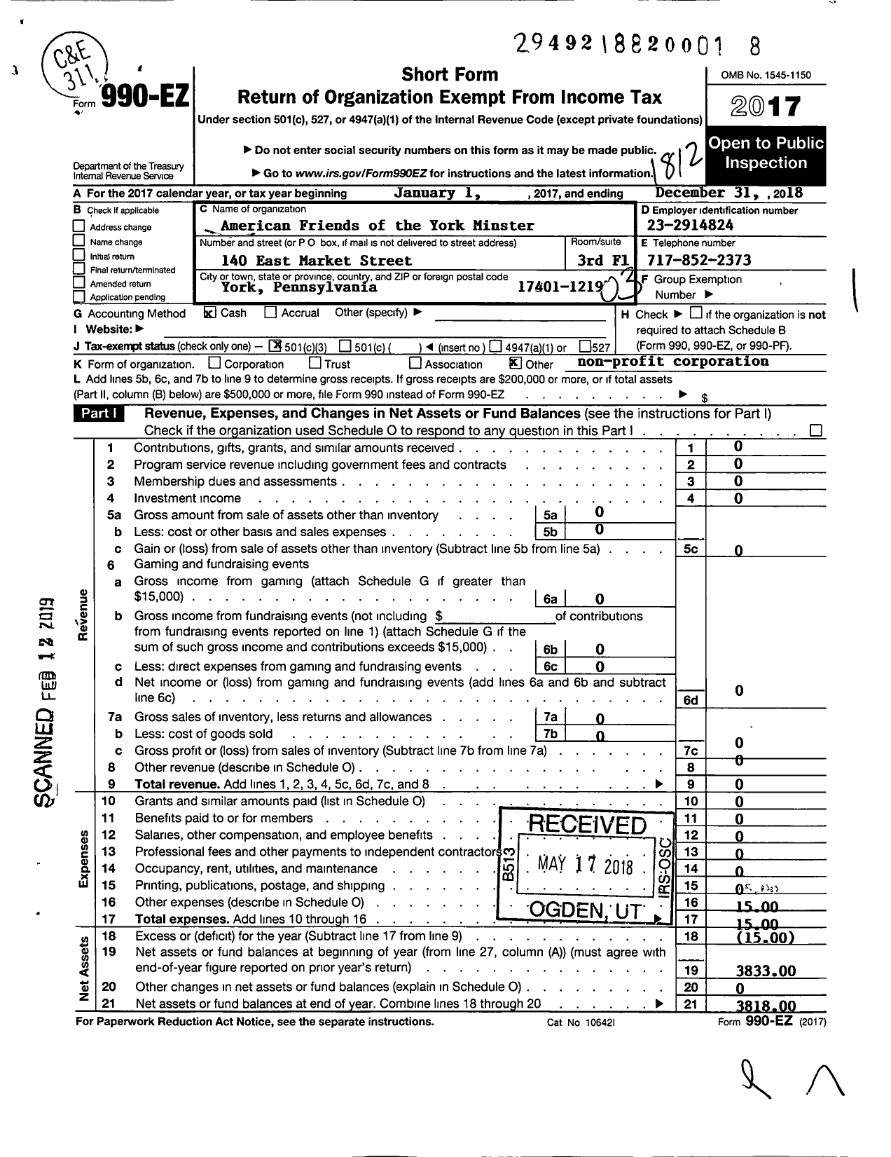 Image of first page of 2018 Form 990EZ for American Friends of the York Minster