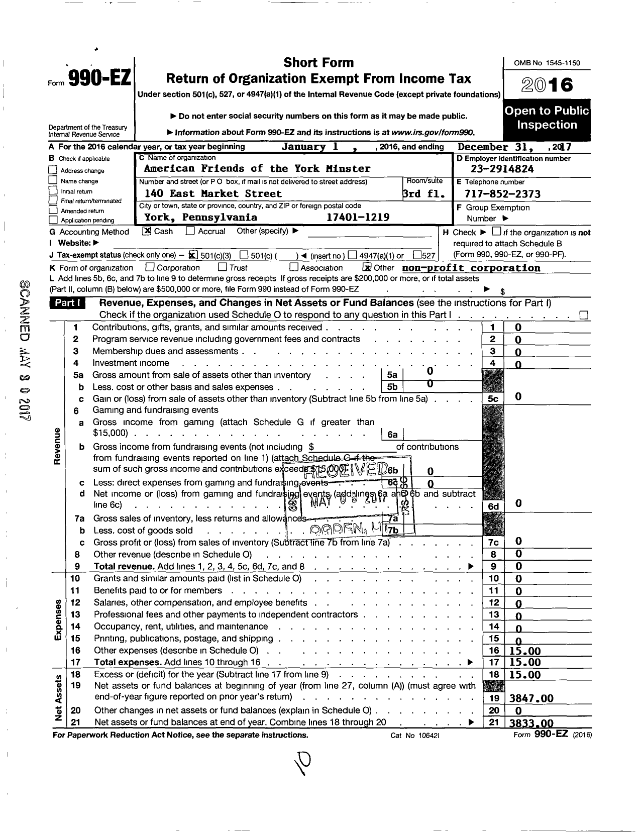 Image of first page of 2017 Form 990EZ for American Friends of the York Minster