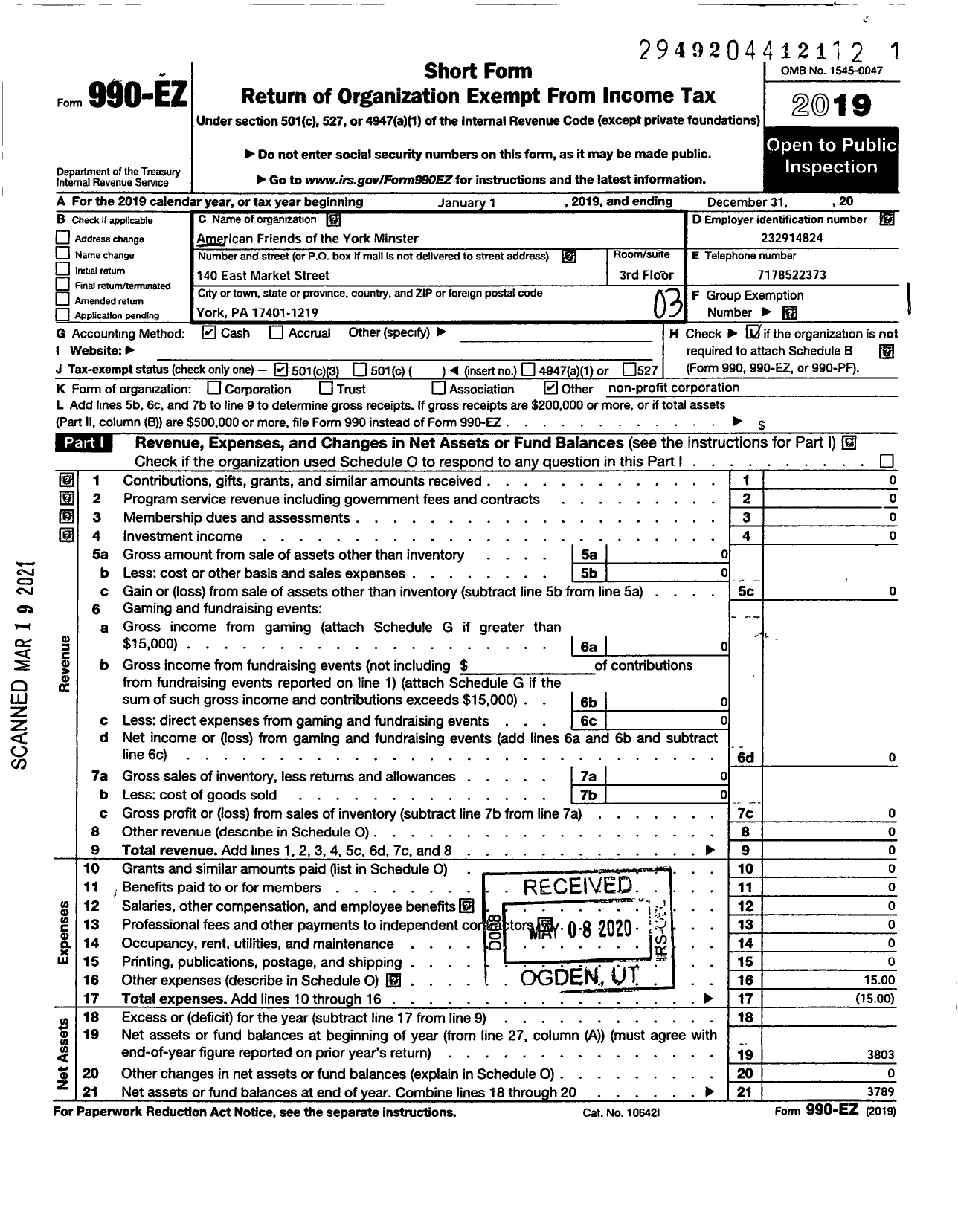 Image of first page of 2019 Form 990EZ for American Friends of the York Minster