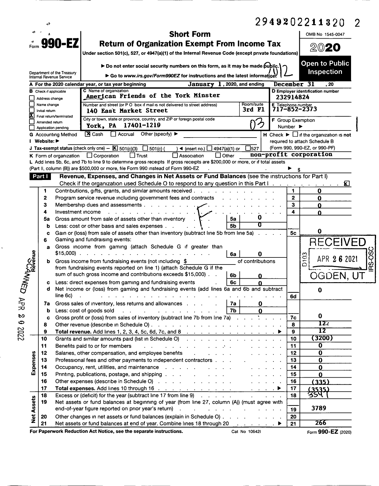 Image of first page of 2020 Form 990EZ for American Friends of the York Minster