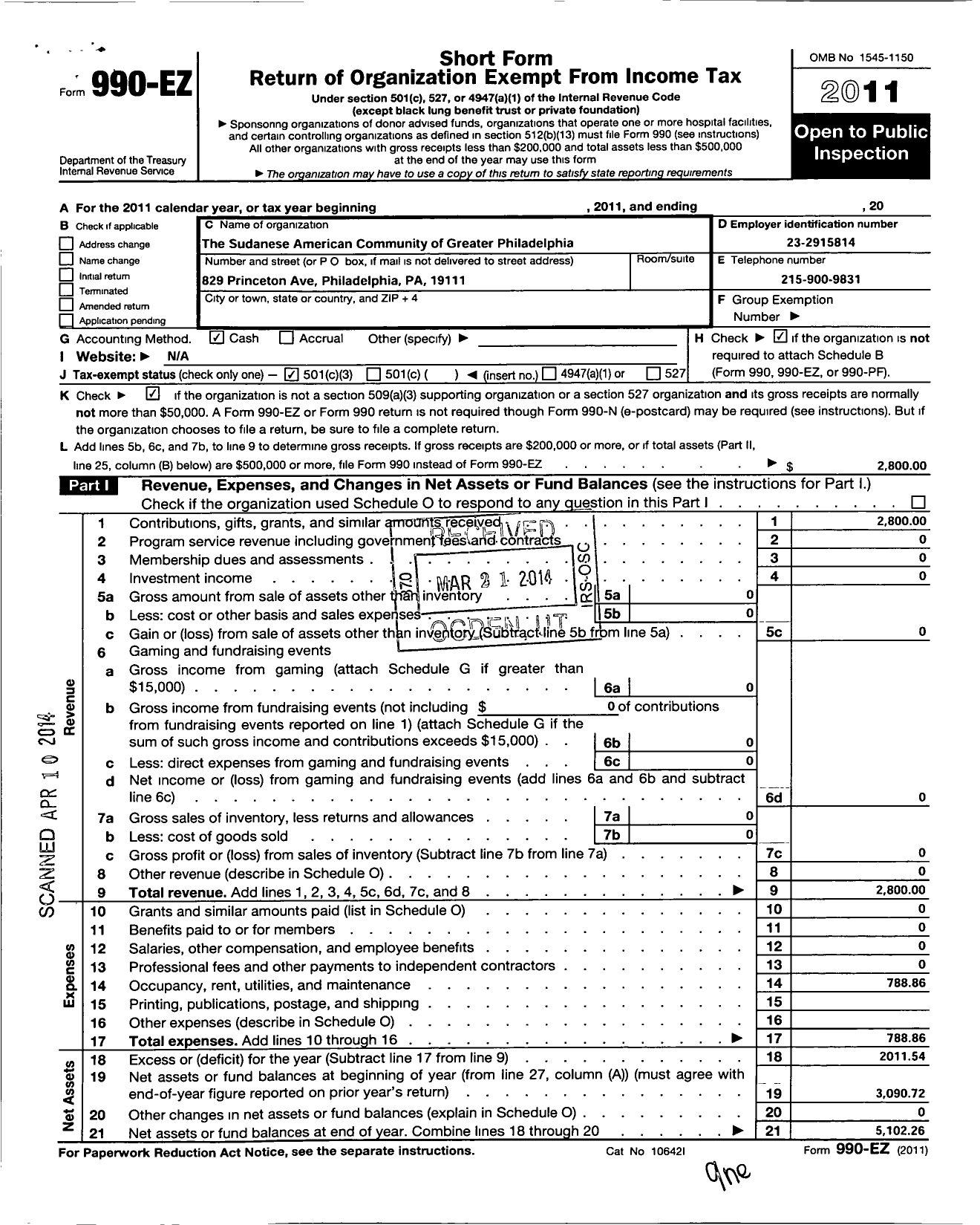 Image of first page of 2011 Form 990EZ for The Sudanese American Community of Greater Philadelphia