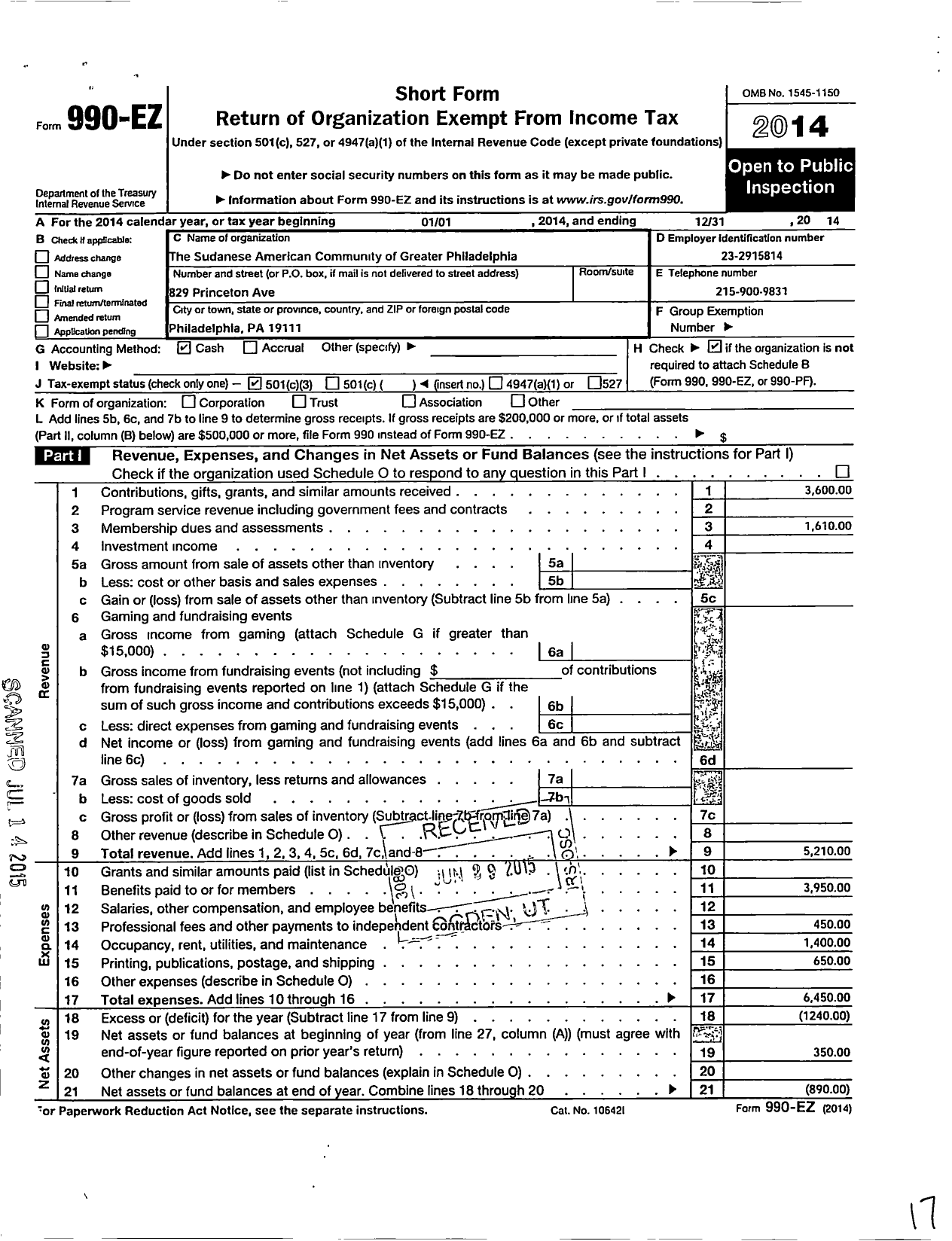 Image of first page of 2014 Form 990EZ for The Sudanese American Community of Greater Philadelphia