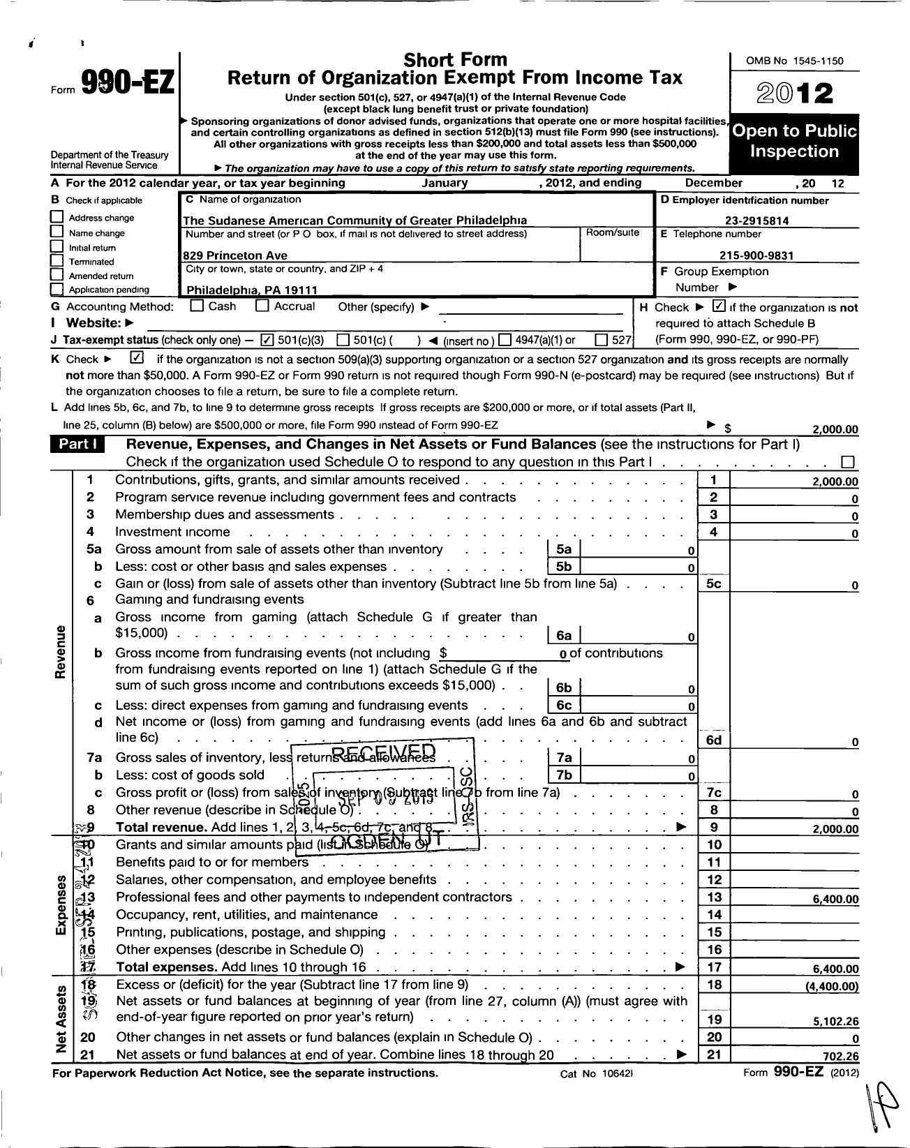 Image of first page of 2012 Form 990EZ for The Sudanese American Community of Greater Philadelphia