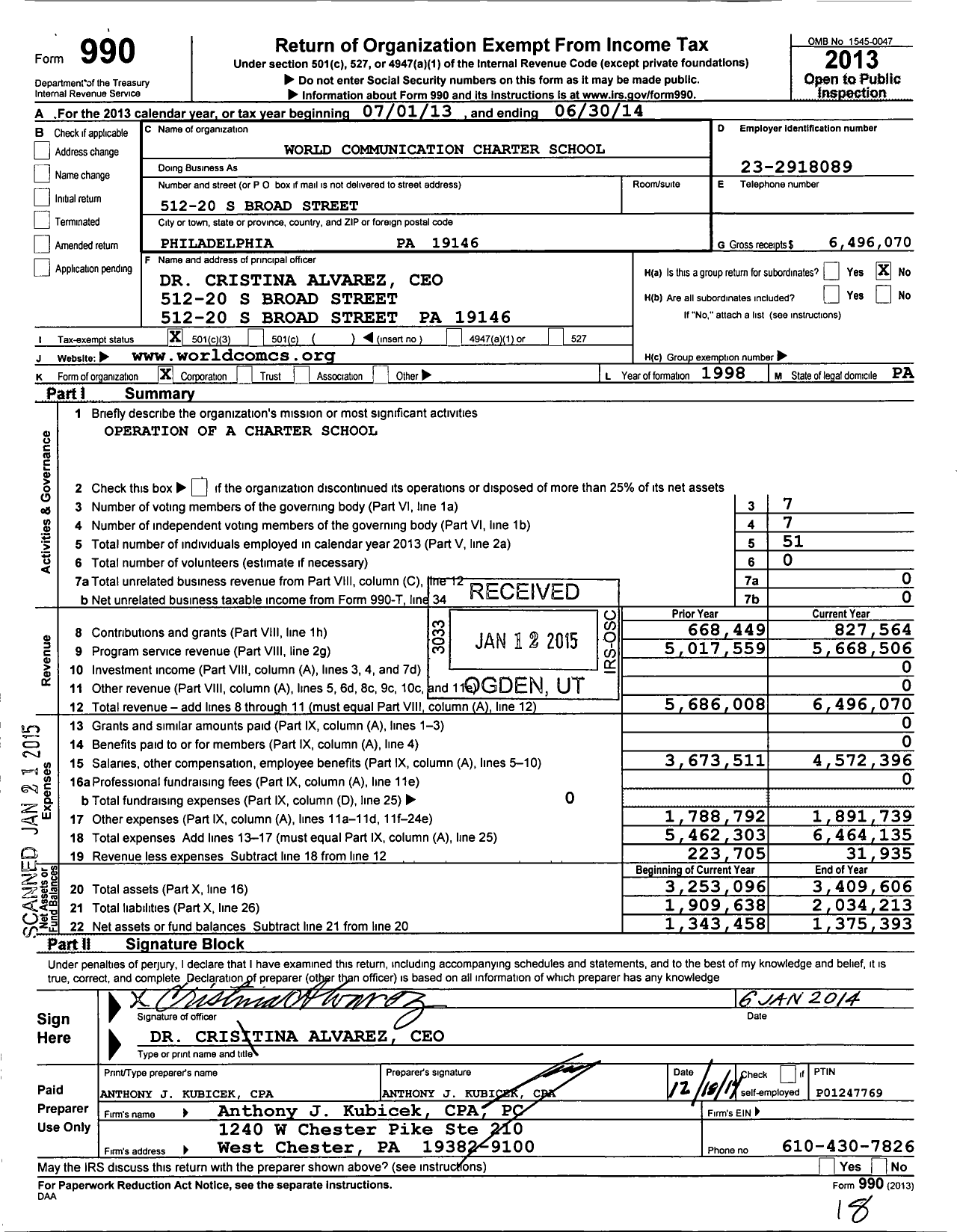 Image of first page of 2013 Form 990 for World Communications Charter School