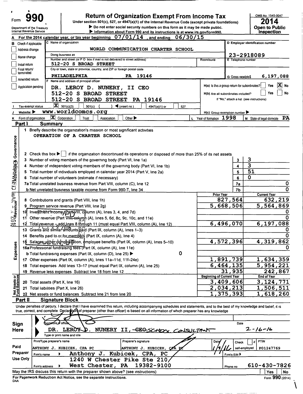 Image of first page of 2014 Form 990 for World Communications Charter School