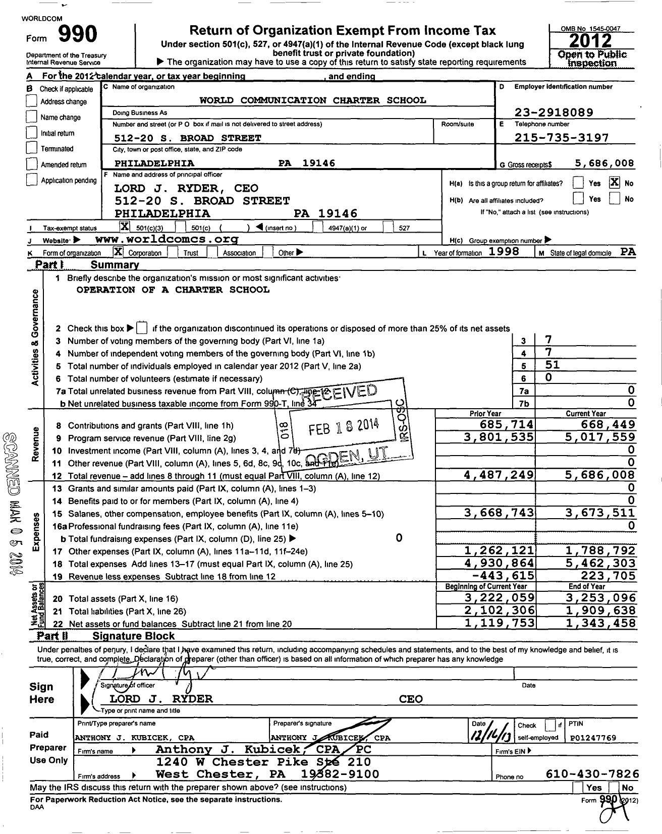 Image of first page of 2012 Form 990 for World Communications Charter School