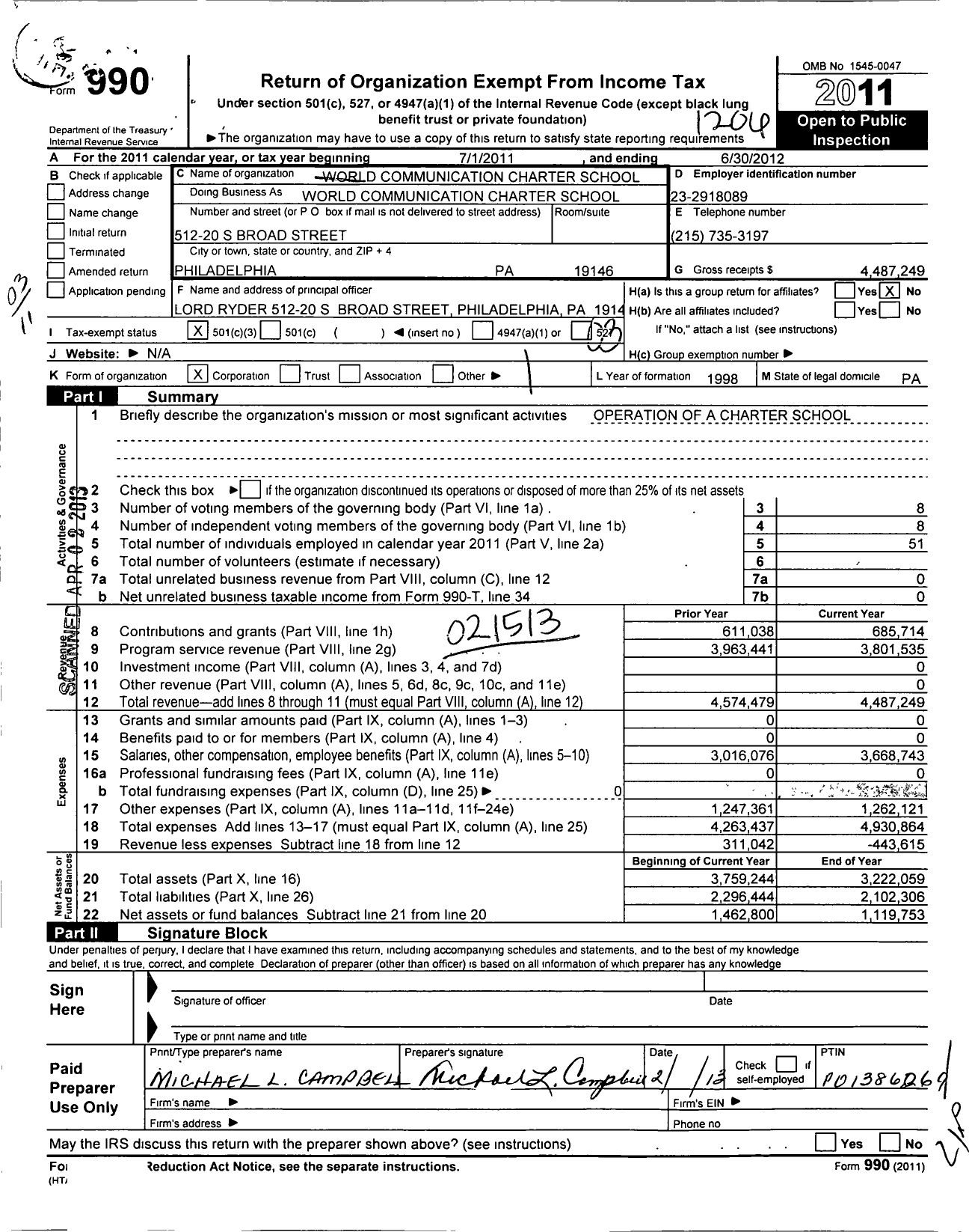 Image of first page of 2011 Form 990 for World Communications Charter School