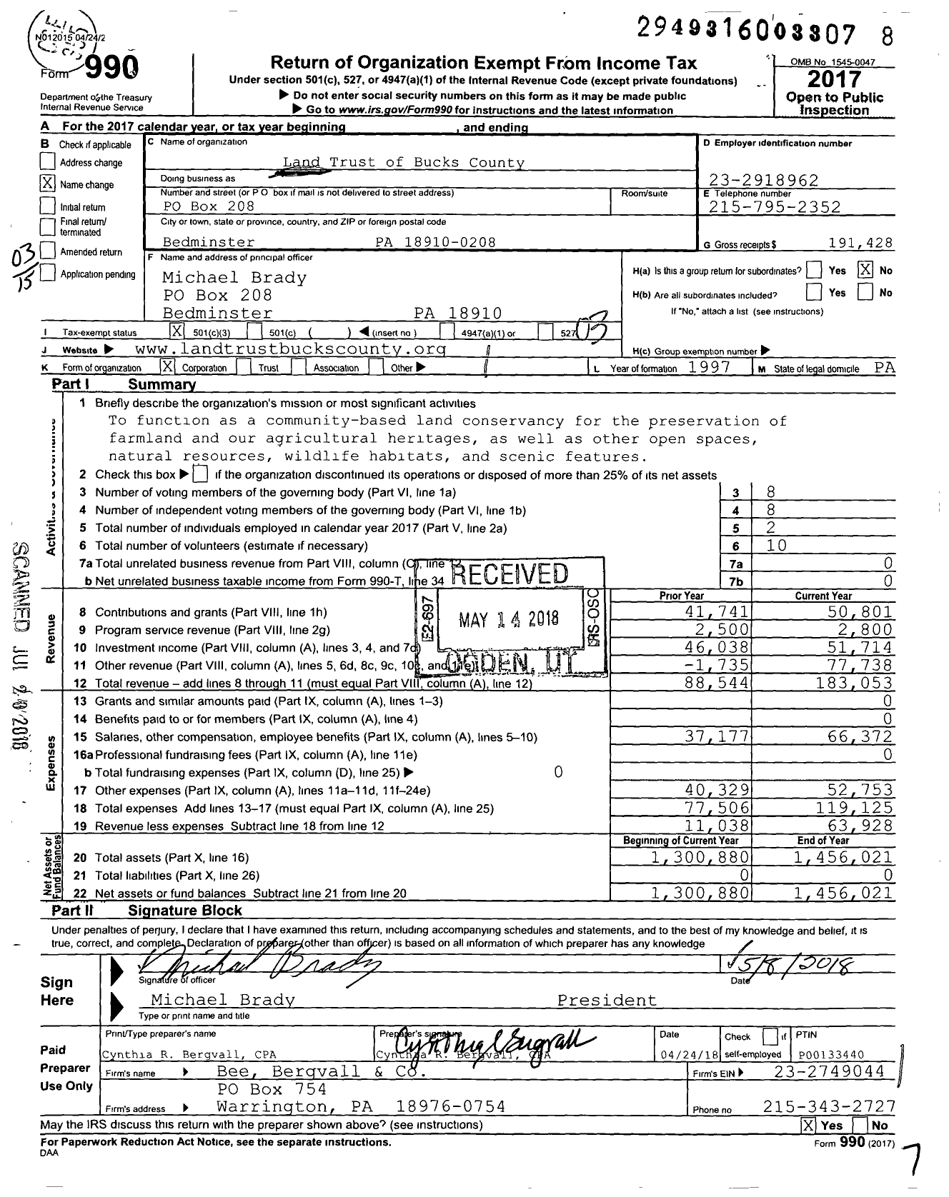 Image of first page of 2017 Form 990 for Land Trust of Bucks County