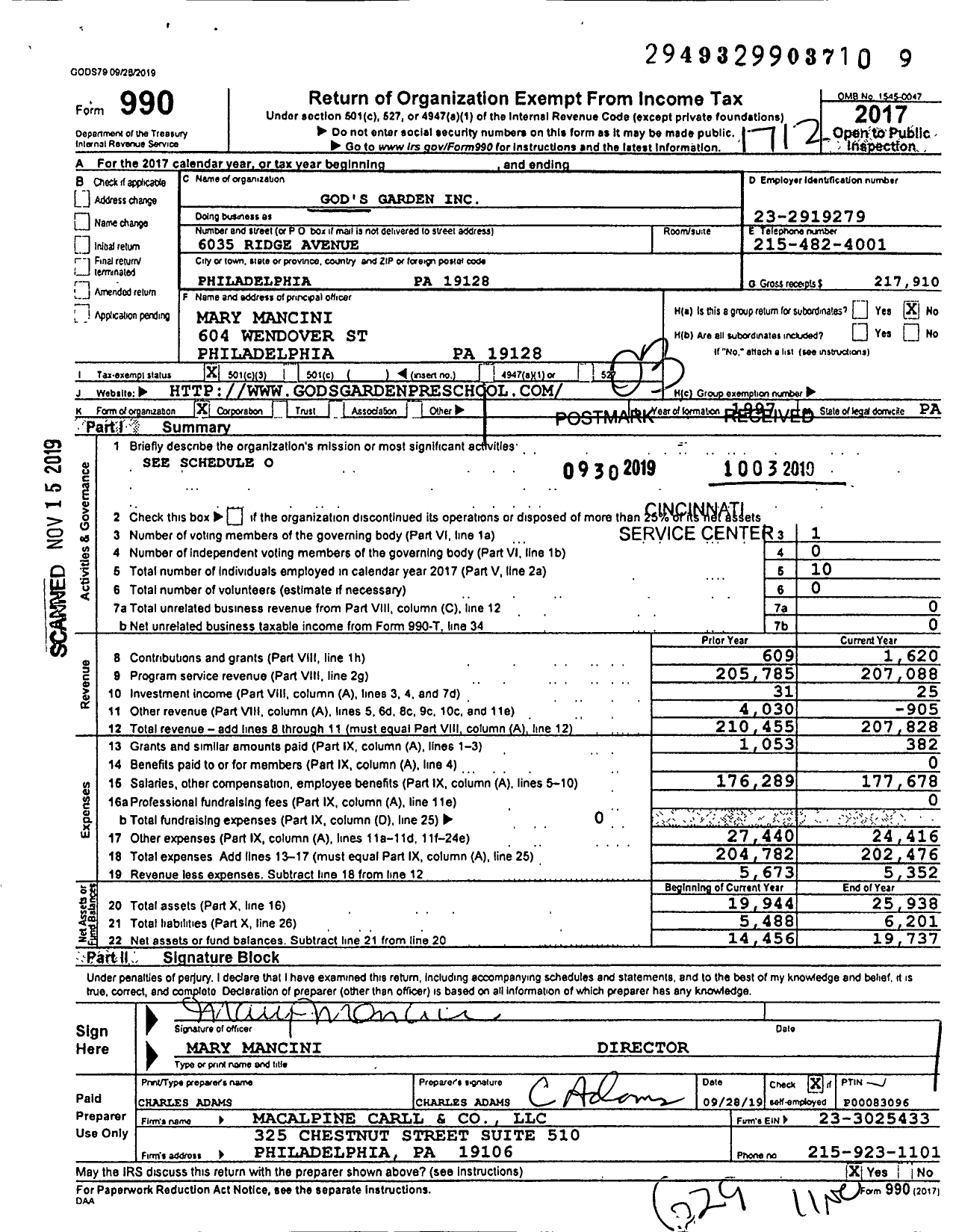 Image of first page of 2017 Form 990 for God's Garden