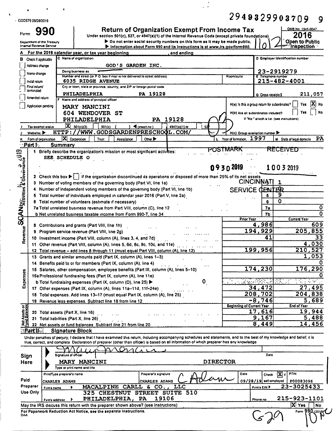 Image of first page of 2016 Form 990 for God's Garden