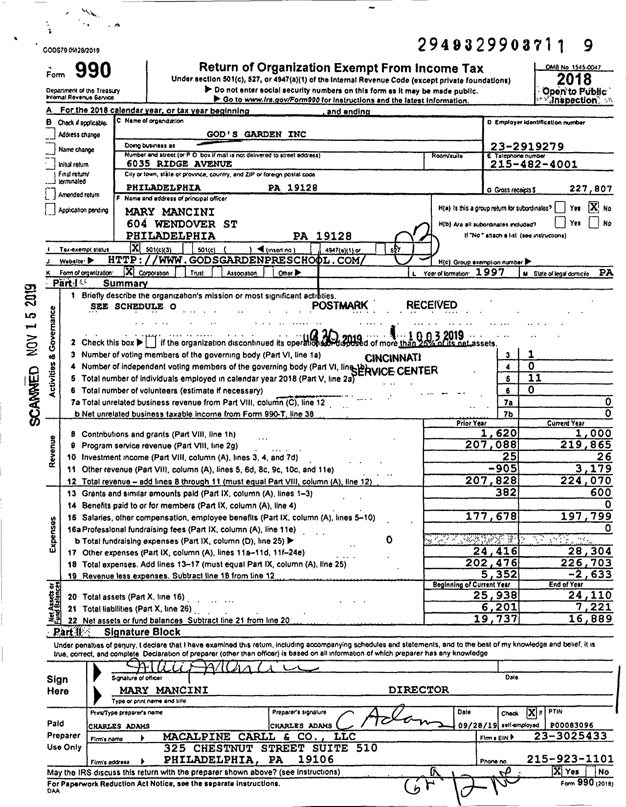 Image of first page of 2018 Form 990 for God's Garden