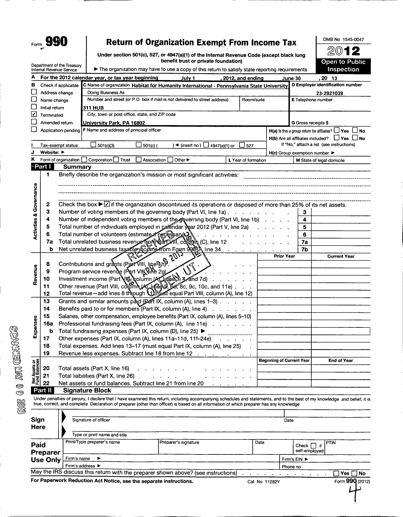 Image of first page of 2012 Form 990O for Habitat for Humanity - Pennsylvania State University HFH