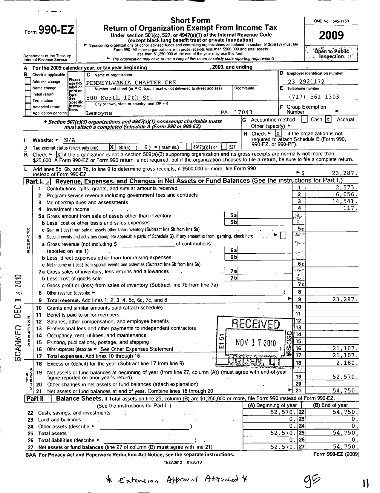 Image of first page of 2009 Form 990EO for Pennsylvania Chapter CRS