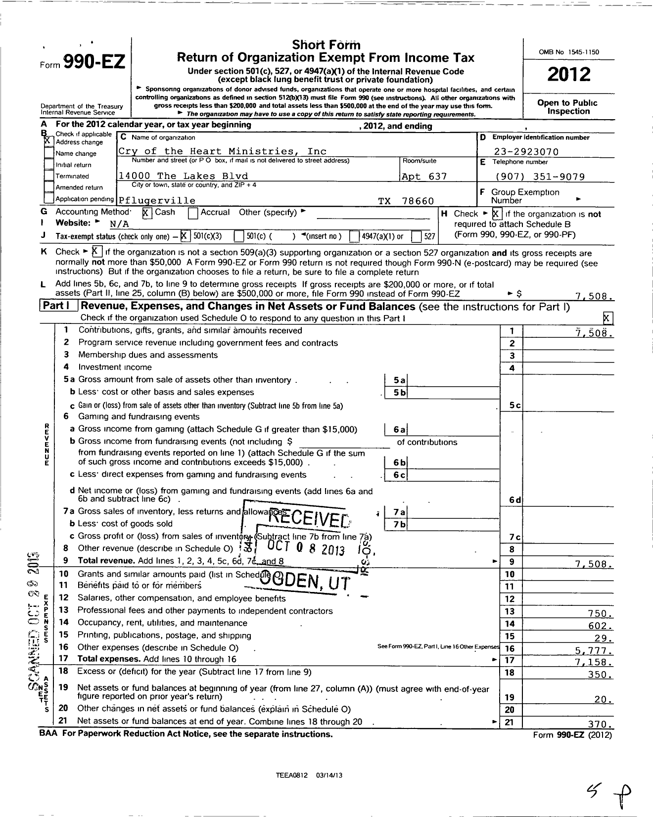 Image of first page of 2012 Form 990EZ for Cry of the Heart Ministries