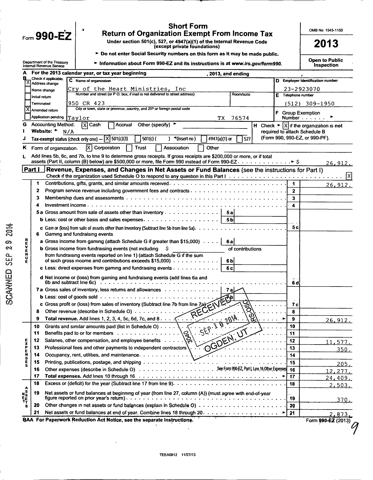 Image of first page of 2013 Form 990EZ for Cry of the Heart Ministries