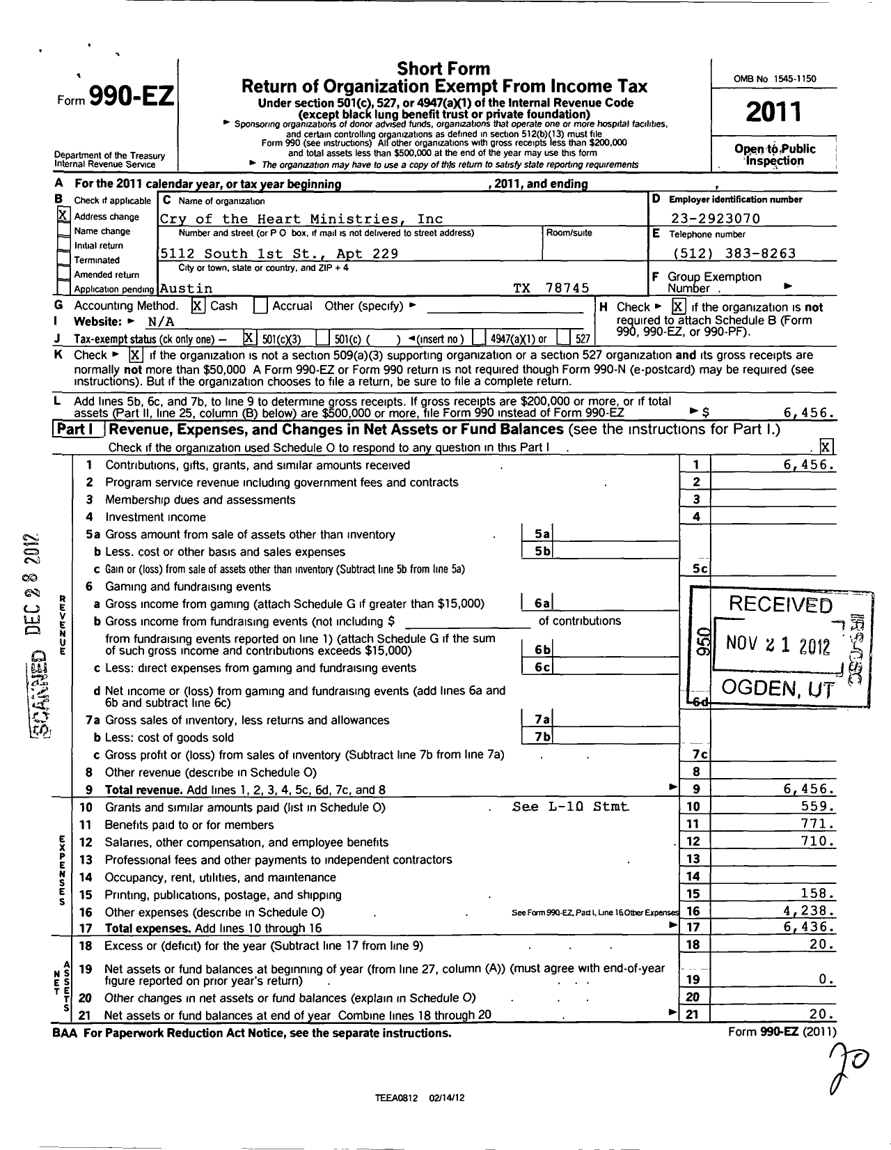 Image of first page of 2011 Form 990EZ for Cry of the Heart Ministries