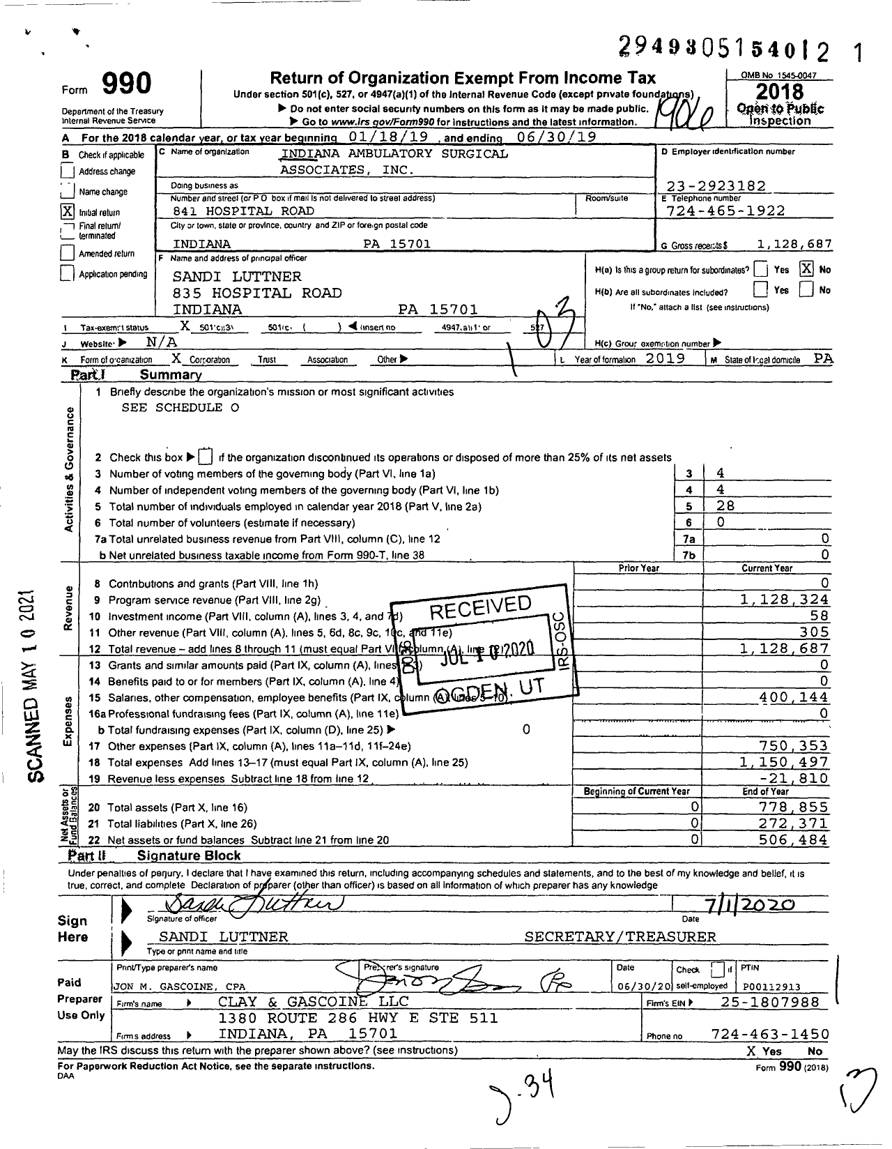 Image of first page of 2018 Form 990 for Indiana Ambulatory Surgical Associates